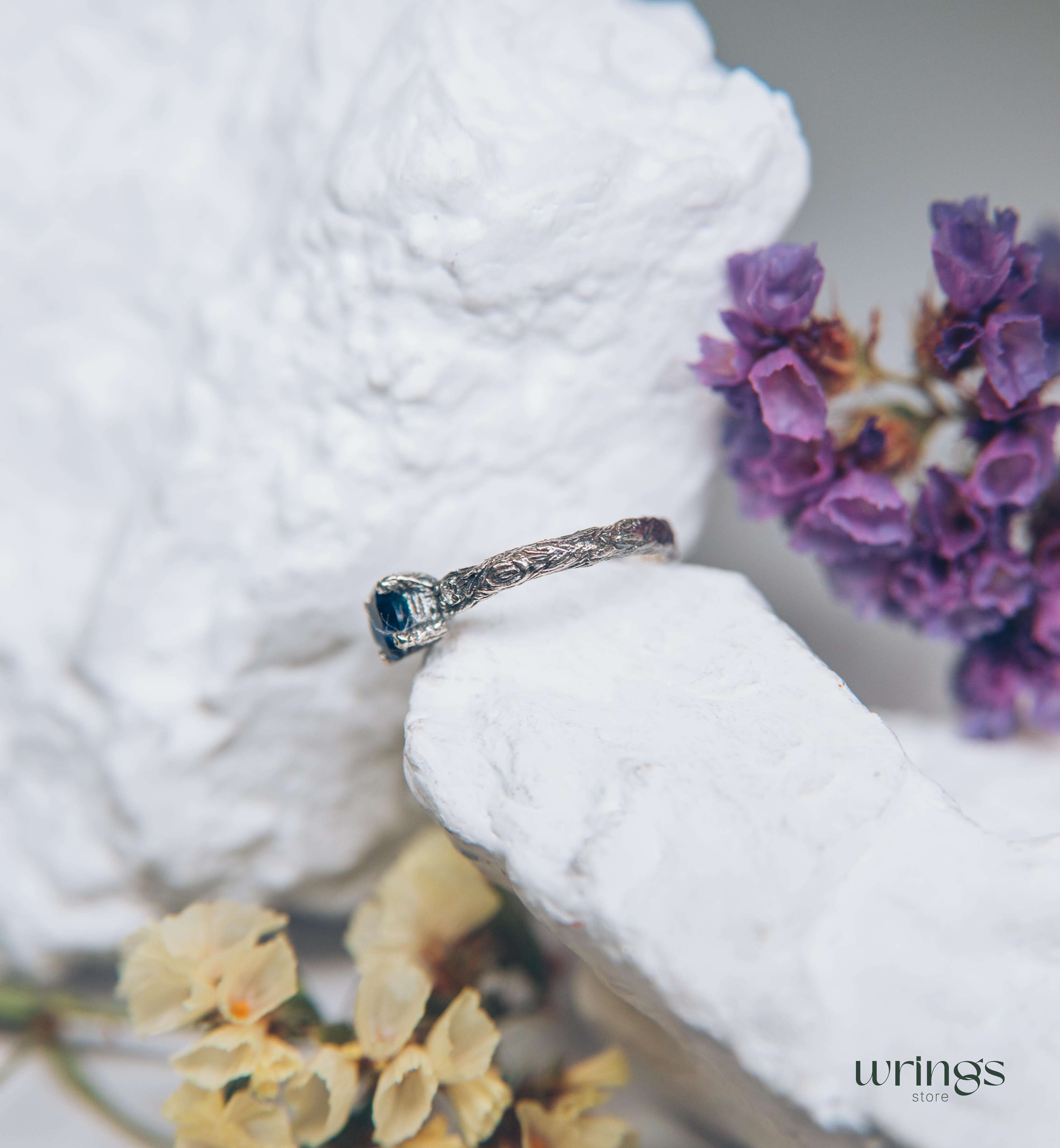 Tiny and Cute Twig Sapphire Engagement Ring with Side Stones