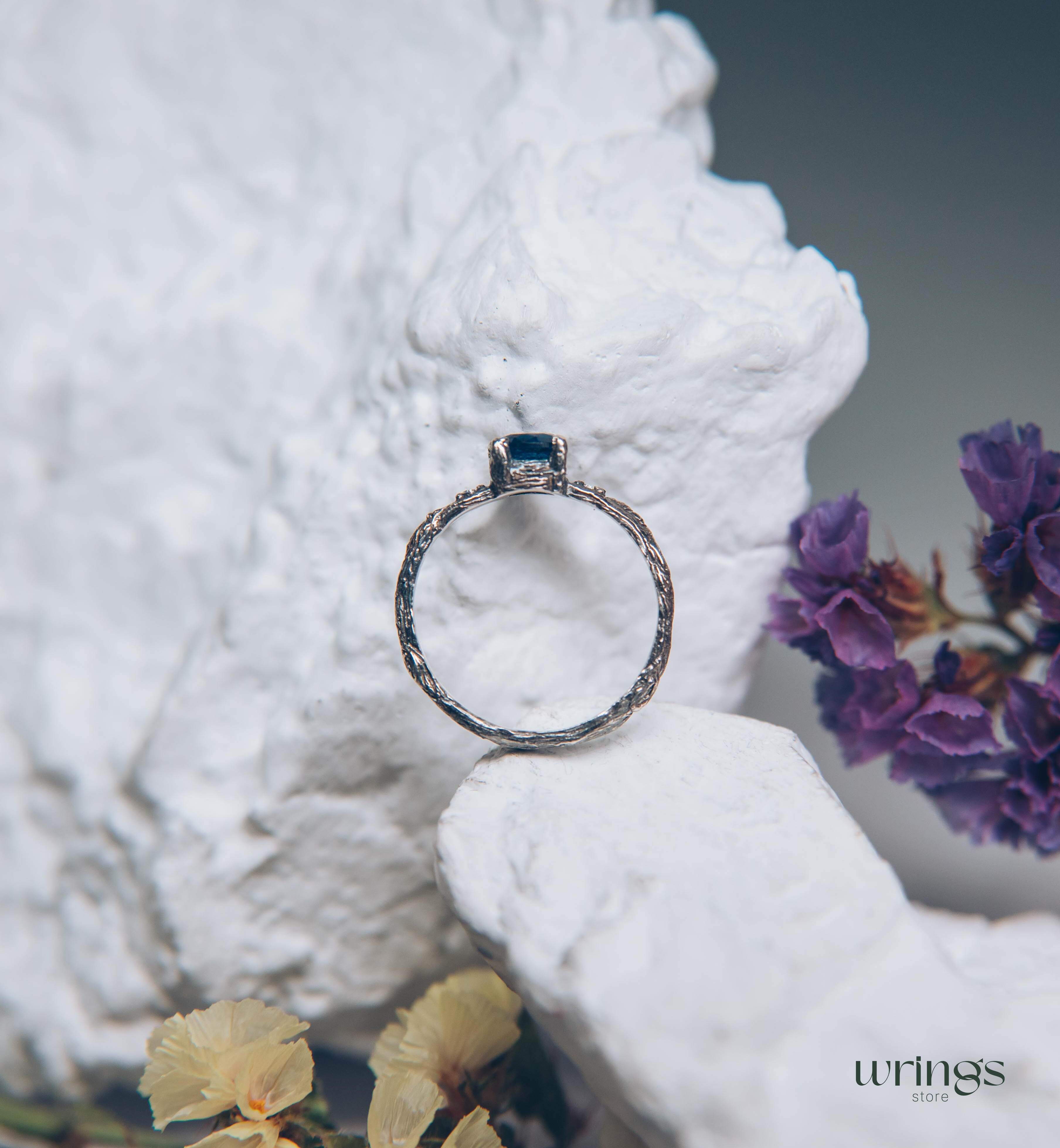 Tiny and Cute Twig Sapphire Engagement Ring with Side Stones
