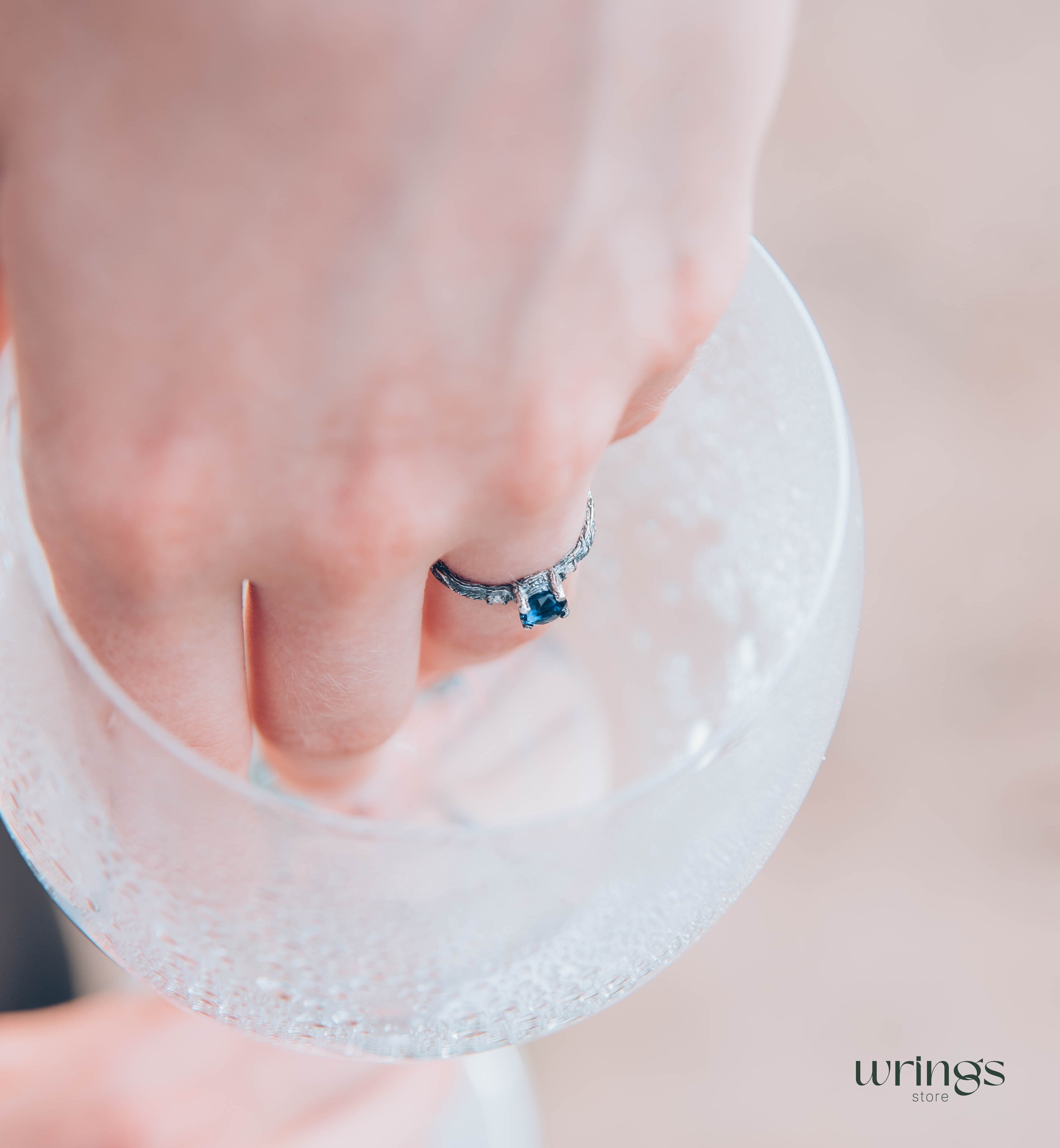 Tiny and Cute Twig Sapphire Engagement Ring with Side Stones