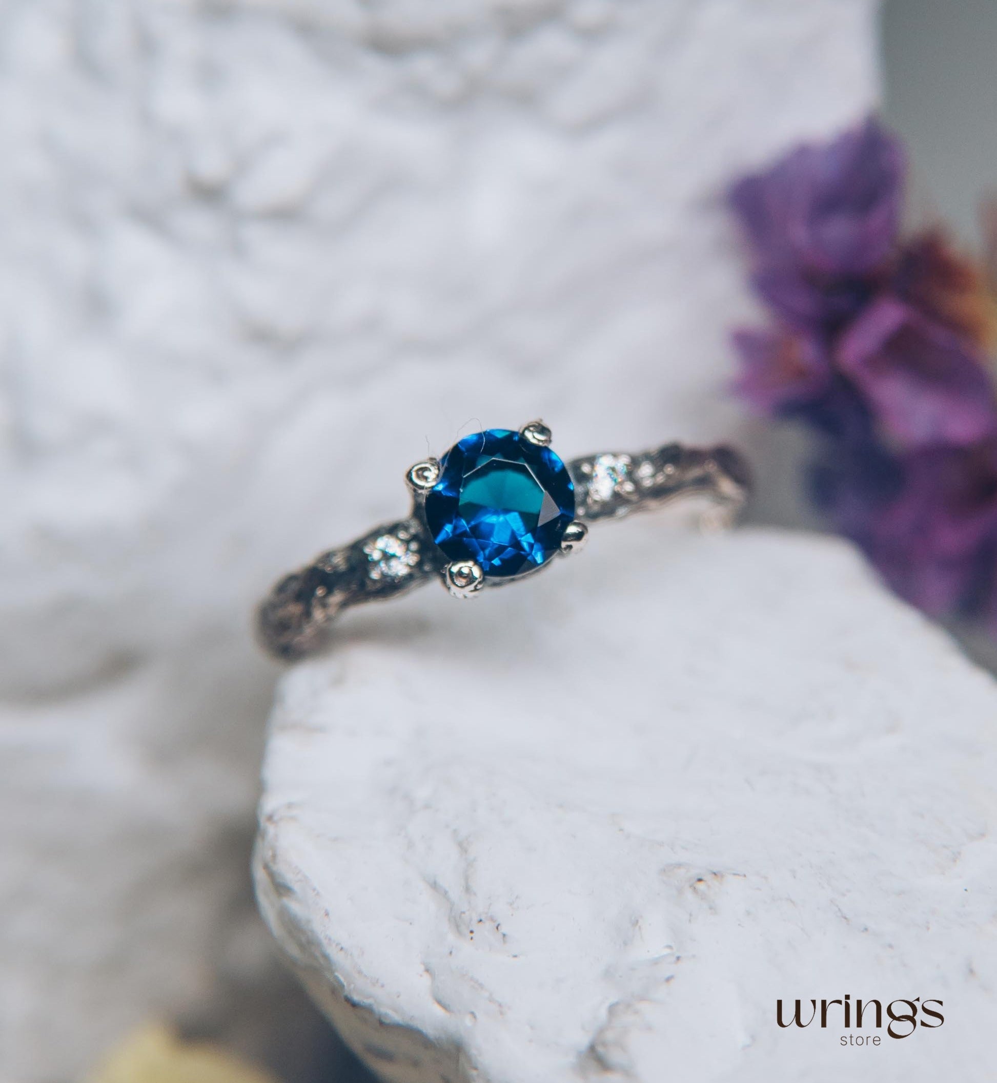 Tiny and Cute Twig Sapphire Engagement Ring with Side Stones