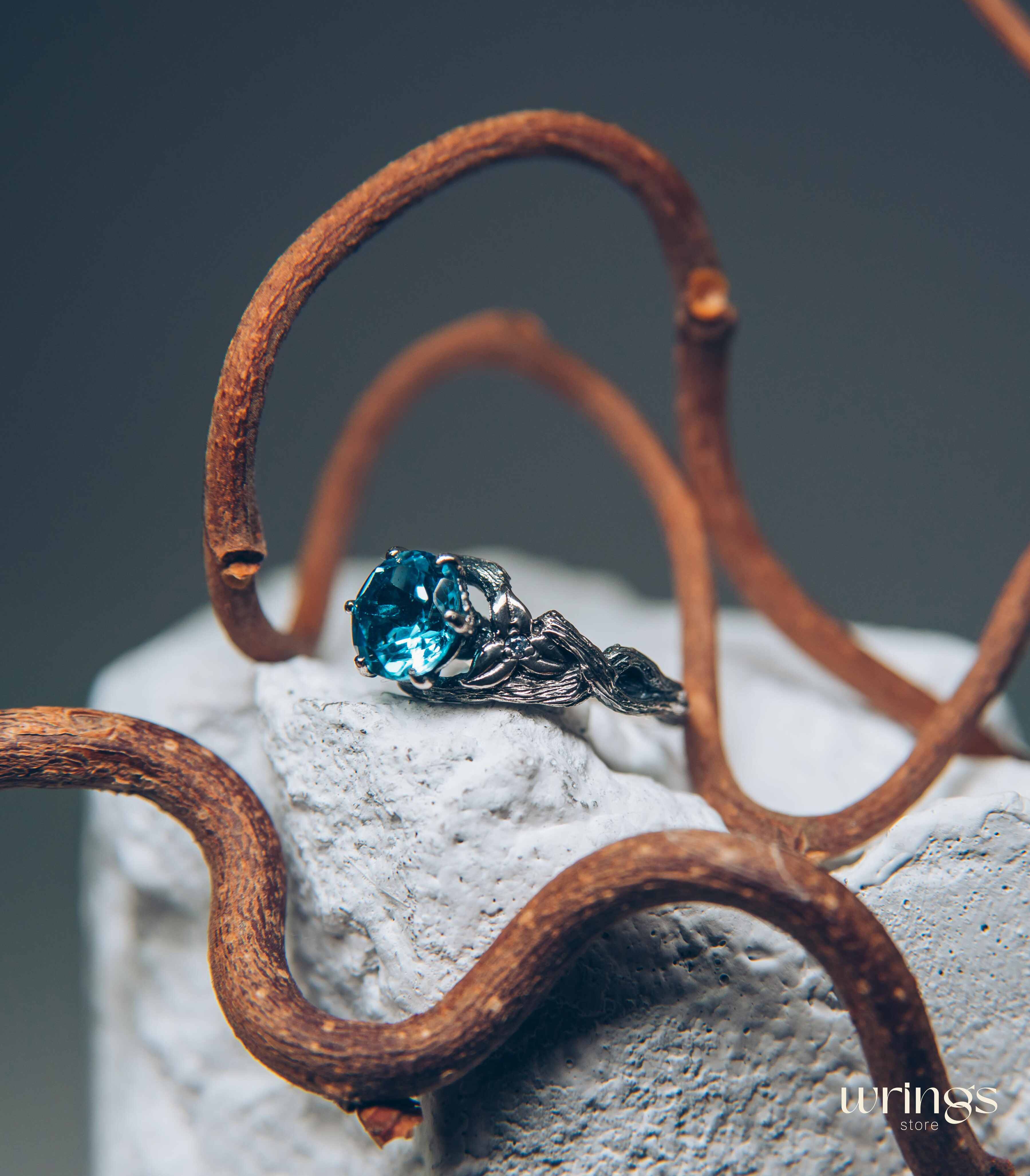 Topaz with Leaves and braided Twigs — Silver Branch Engagement Ring