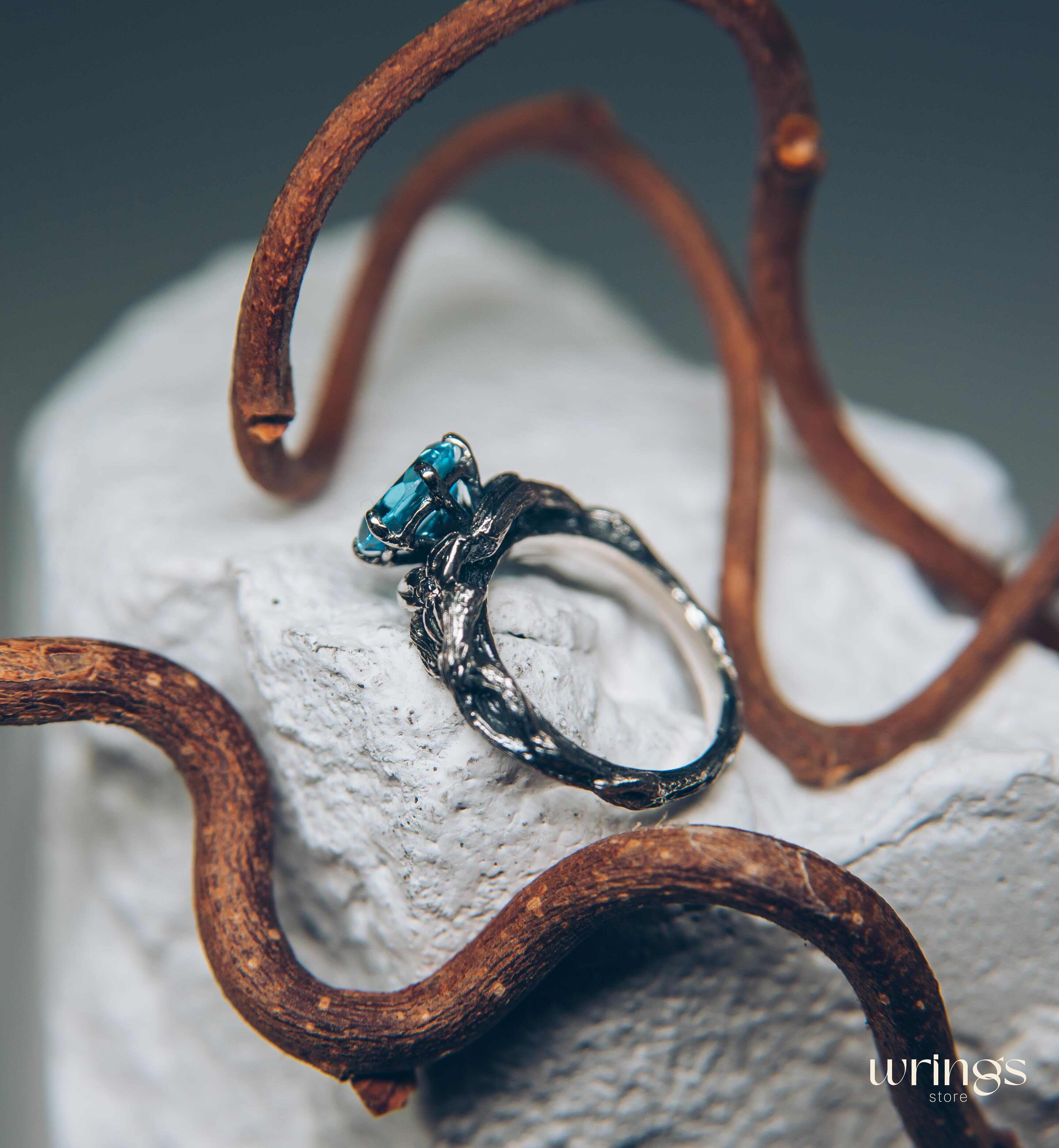 Topaz with Leaves and braided Twigs — Silver Branch Engagement Ring
