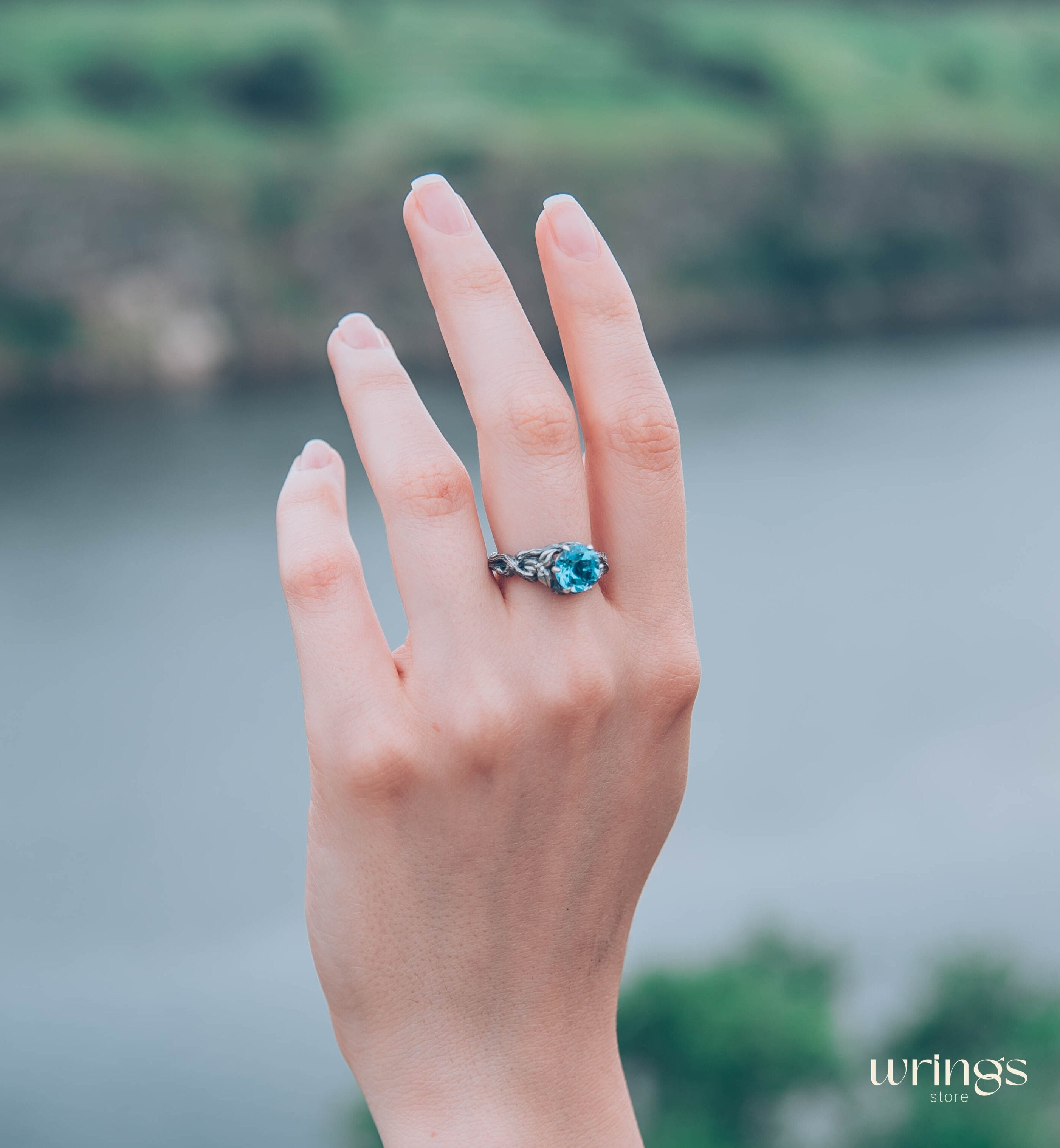 Topaz with Leaves and braided Twigs — Silver Branch Engagement Ring