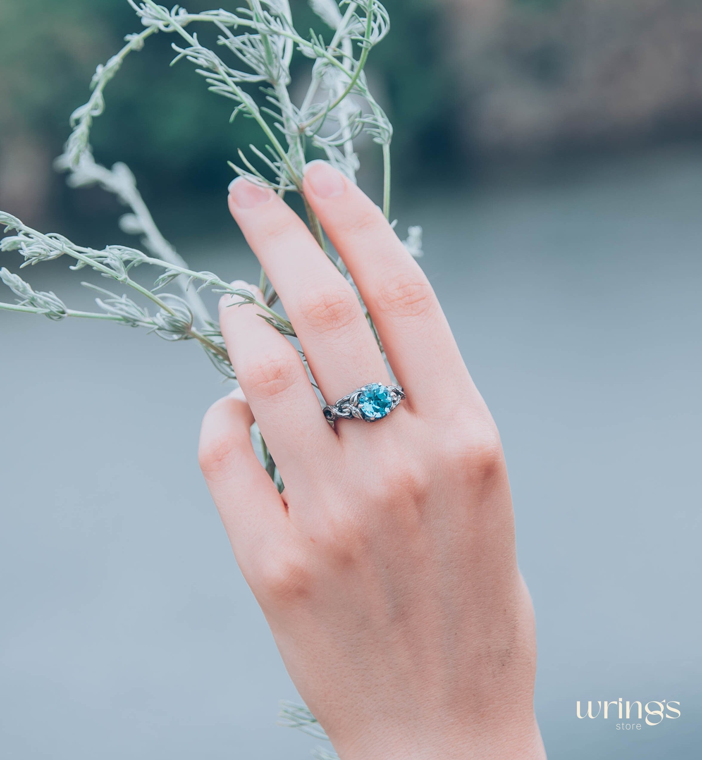 Topaz with Leaves and braided Twigs — Silver Branch Engagement Ring