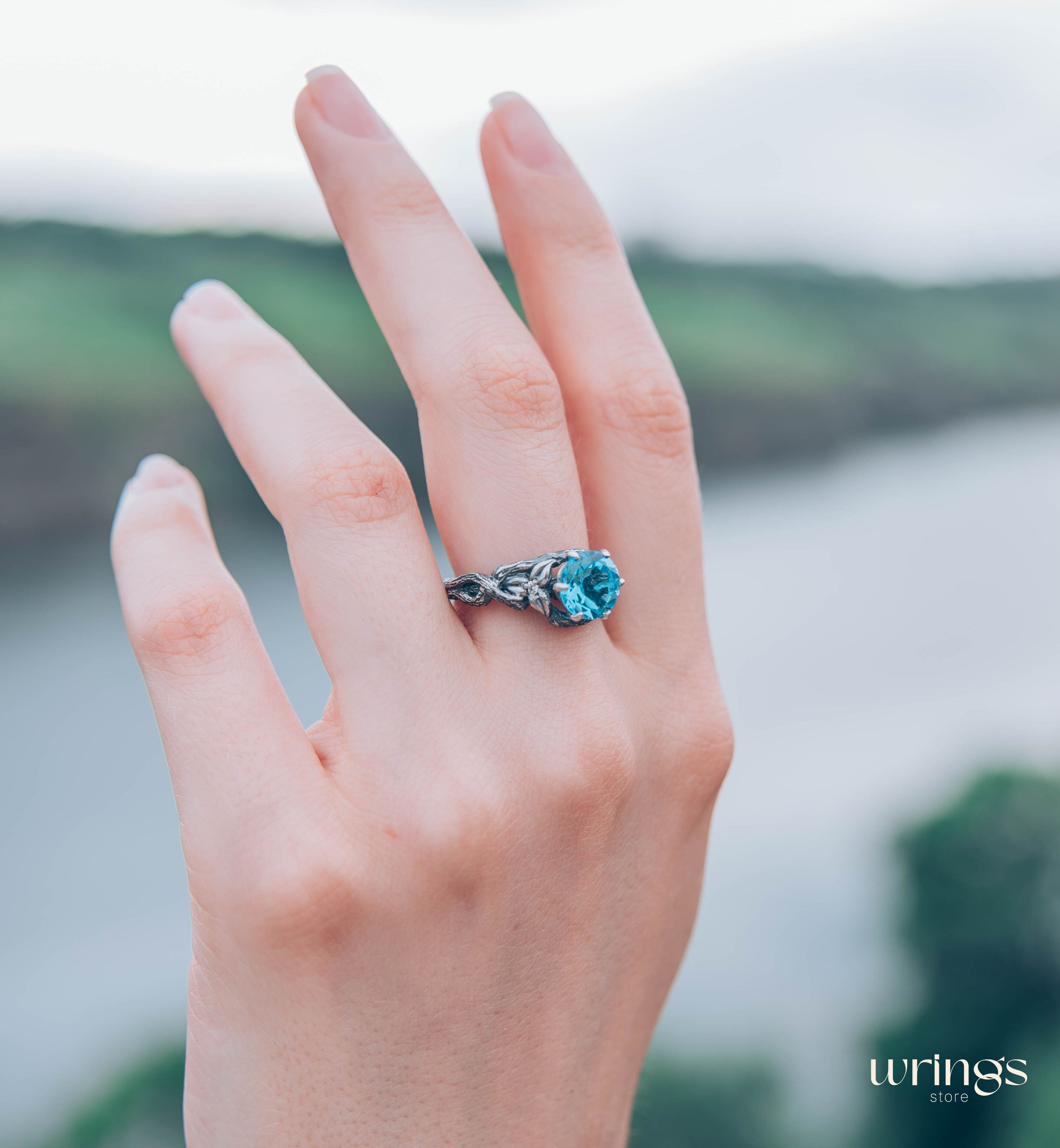 Topaz with Leaves and braided Twigs — Silver Branch Engagement Ring
