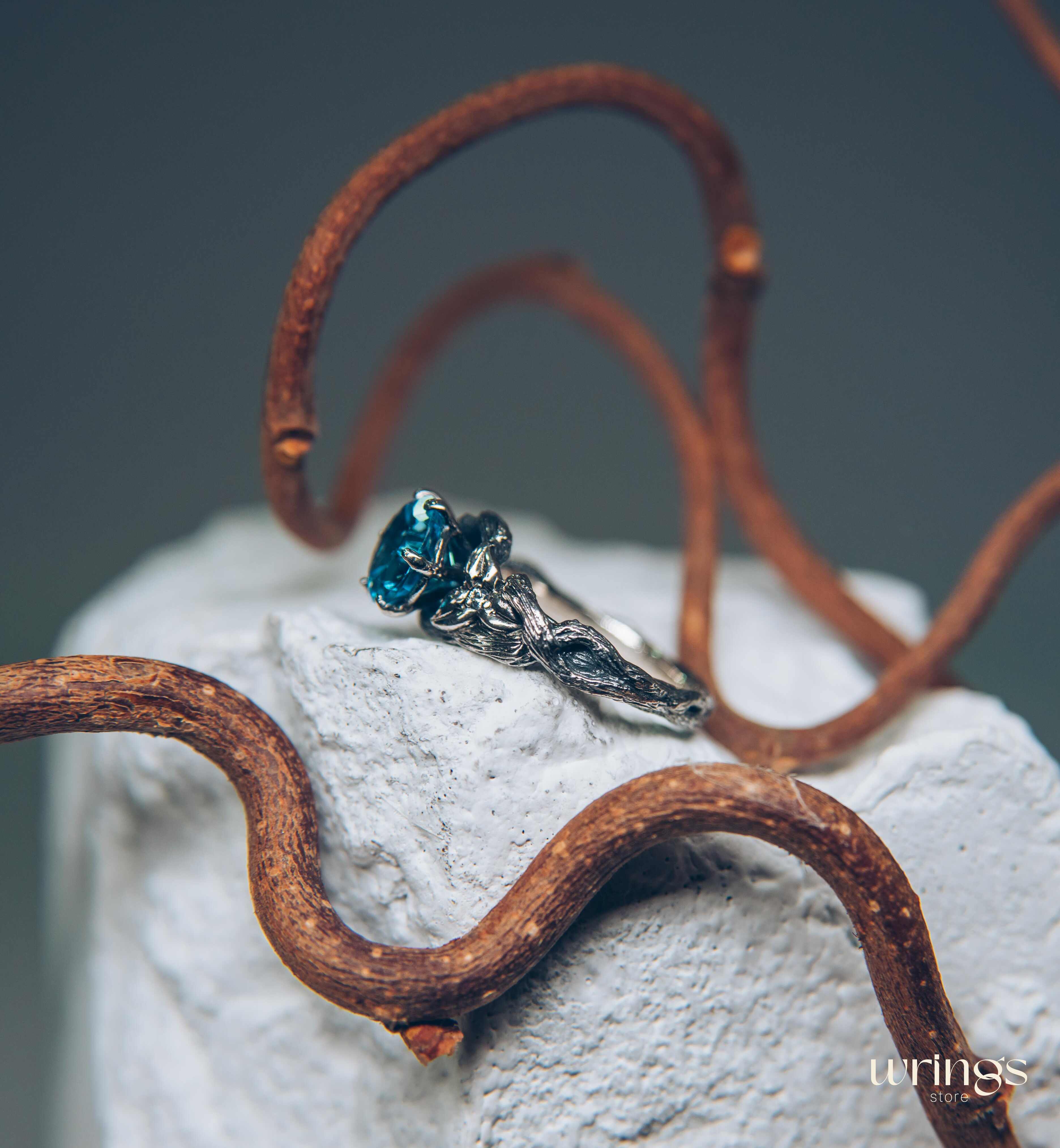 Topaz with Leaves and braided Twigs — Silver Branch Engagement Ring