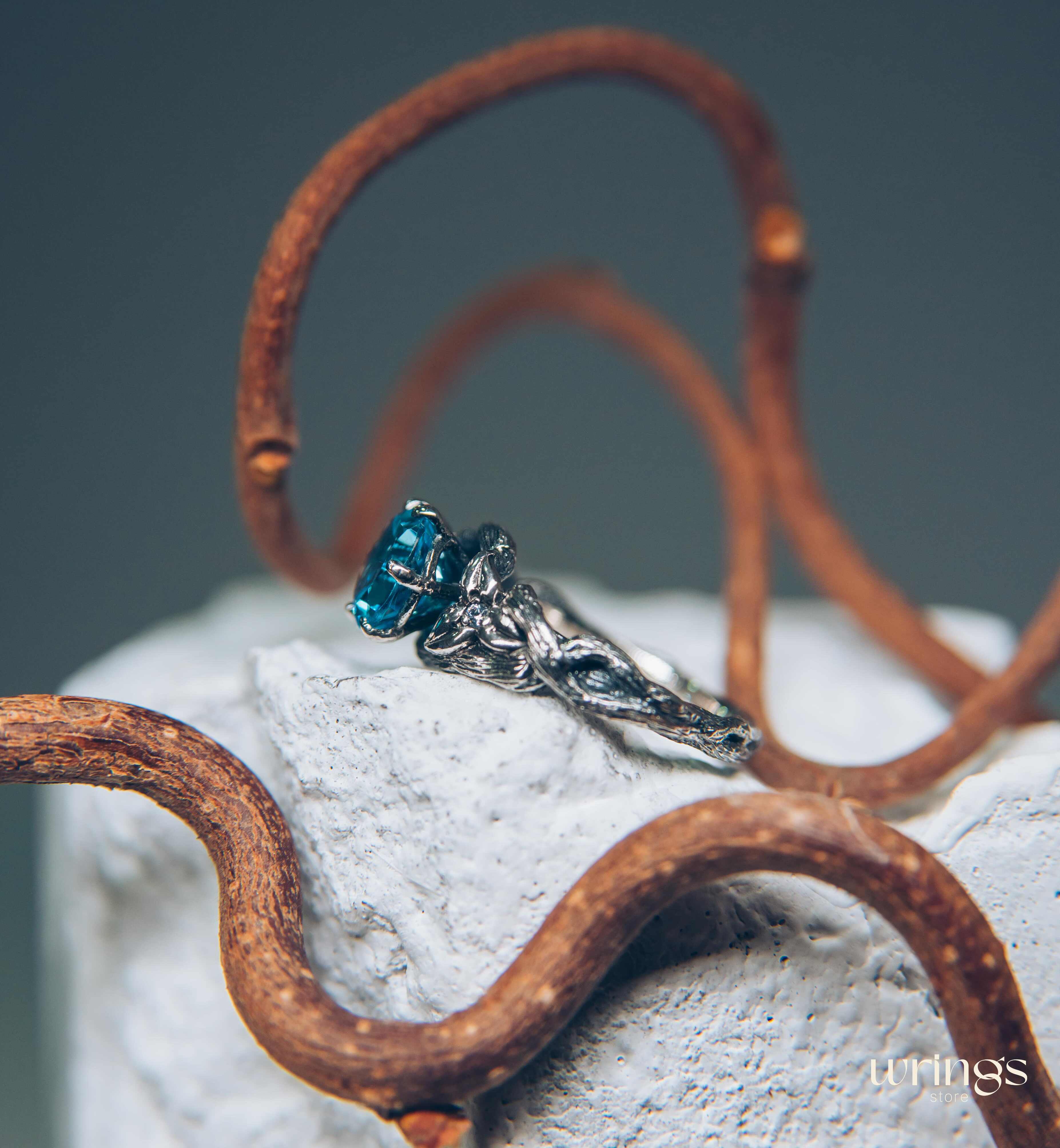Topaz with Leaves and braided Twigs — Silver Branch Engagement Ring