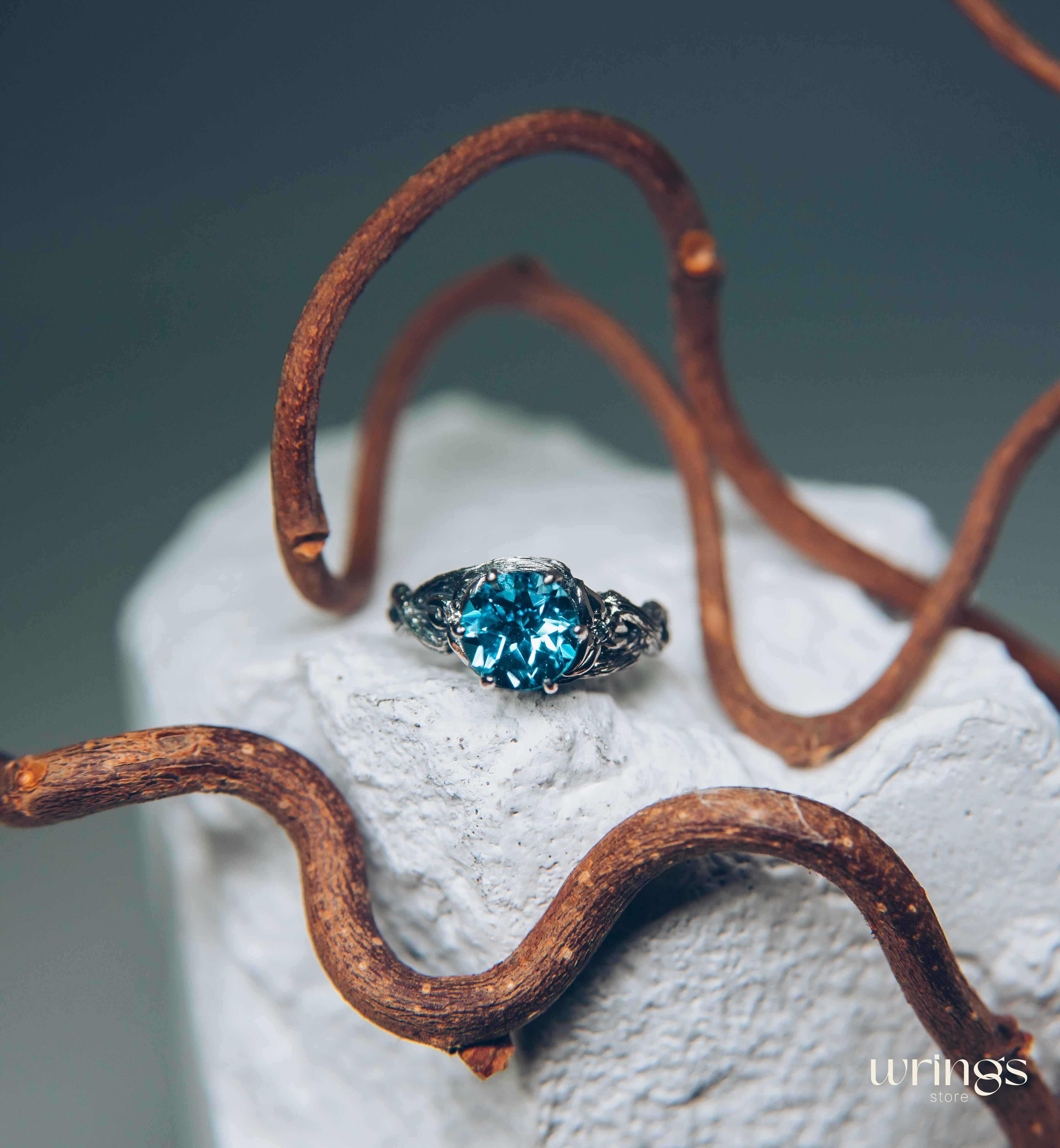 Topaz with Leaves and braided Twigs — Silver Branch Engagement Ring