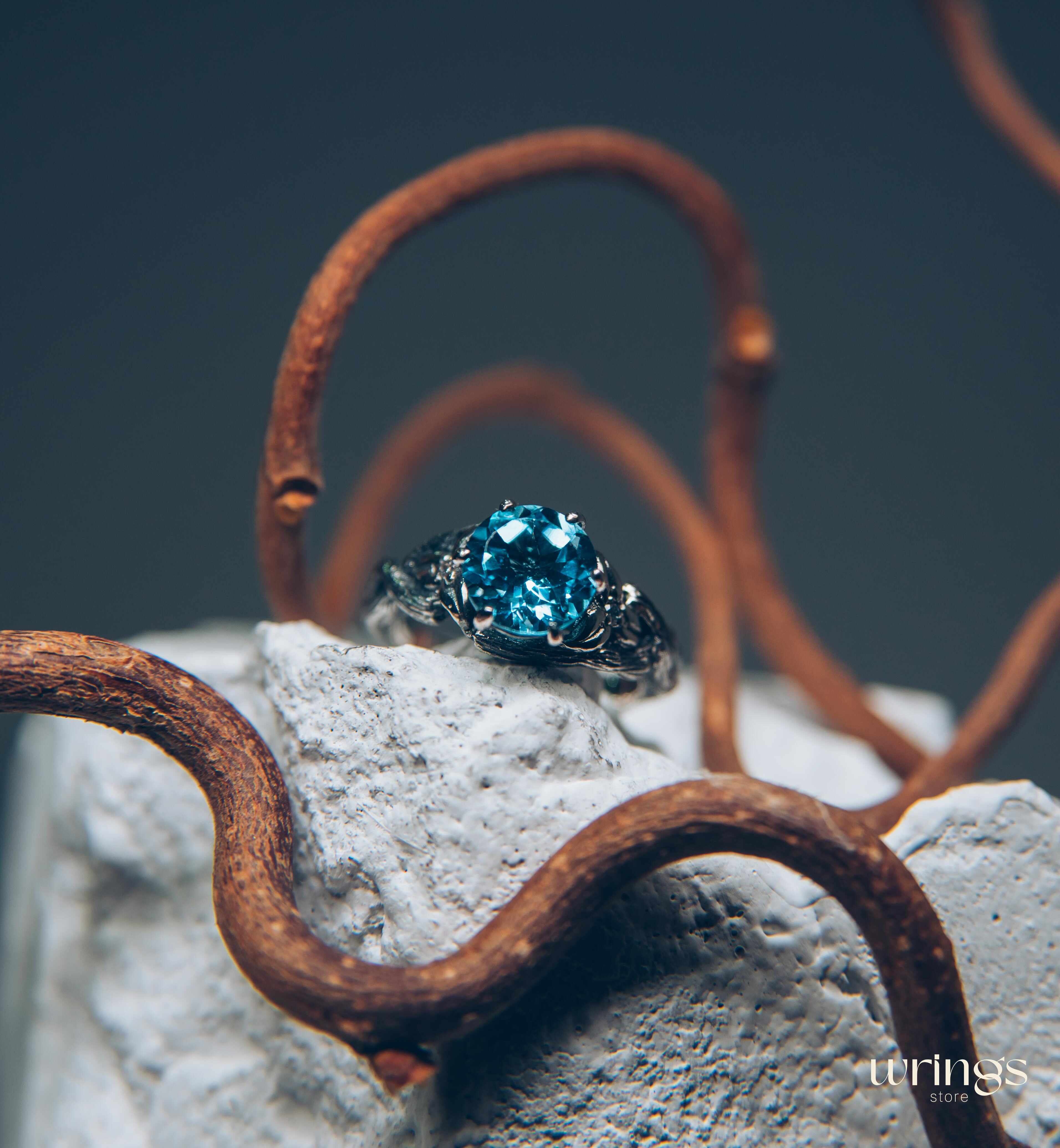 Topaz with Leaves and braided Twigs — Silver Branch Engagement Ring