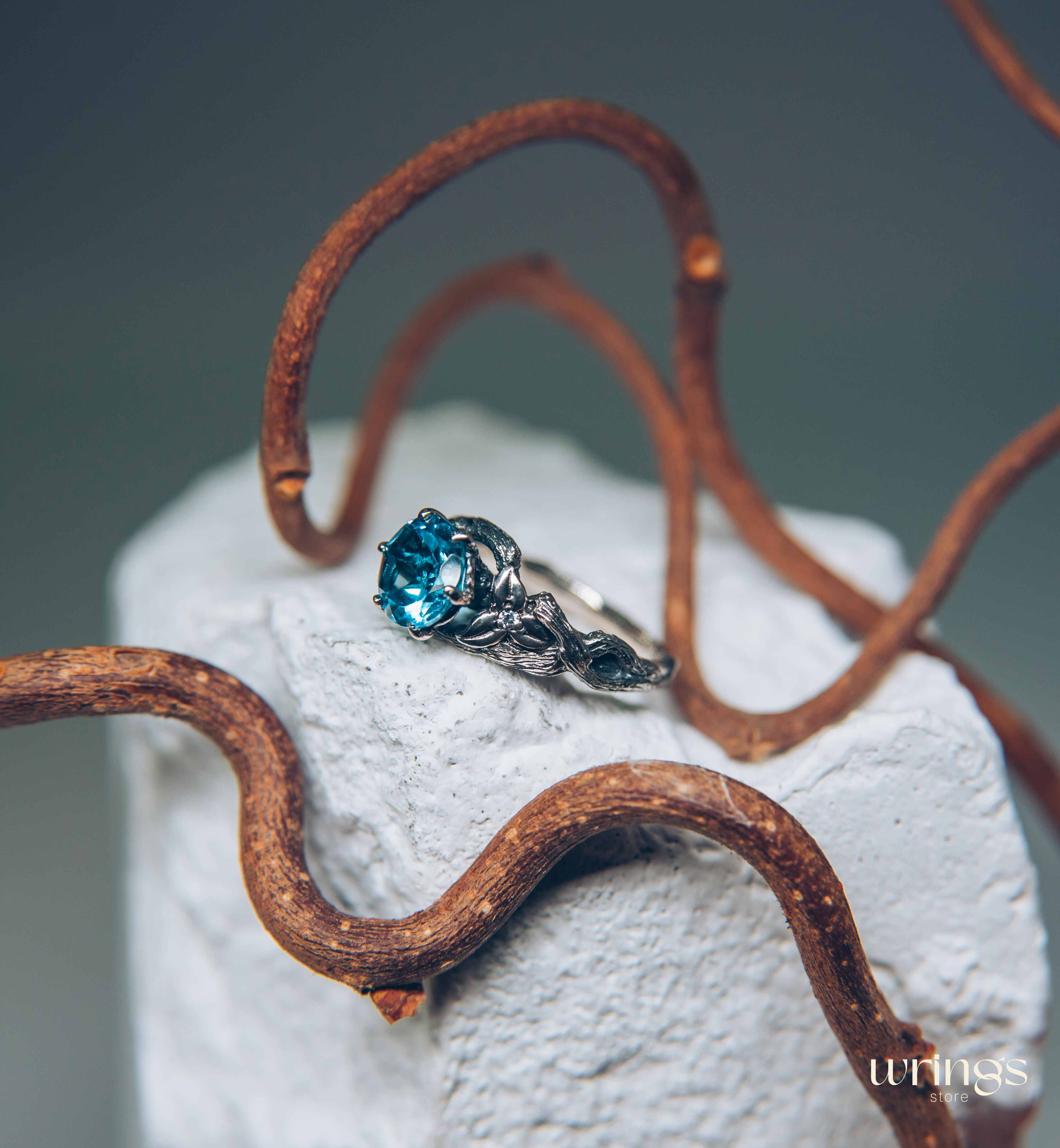 Topaz with Leaves and braided Twigs — Silver Branch Engagement Ring