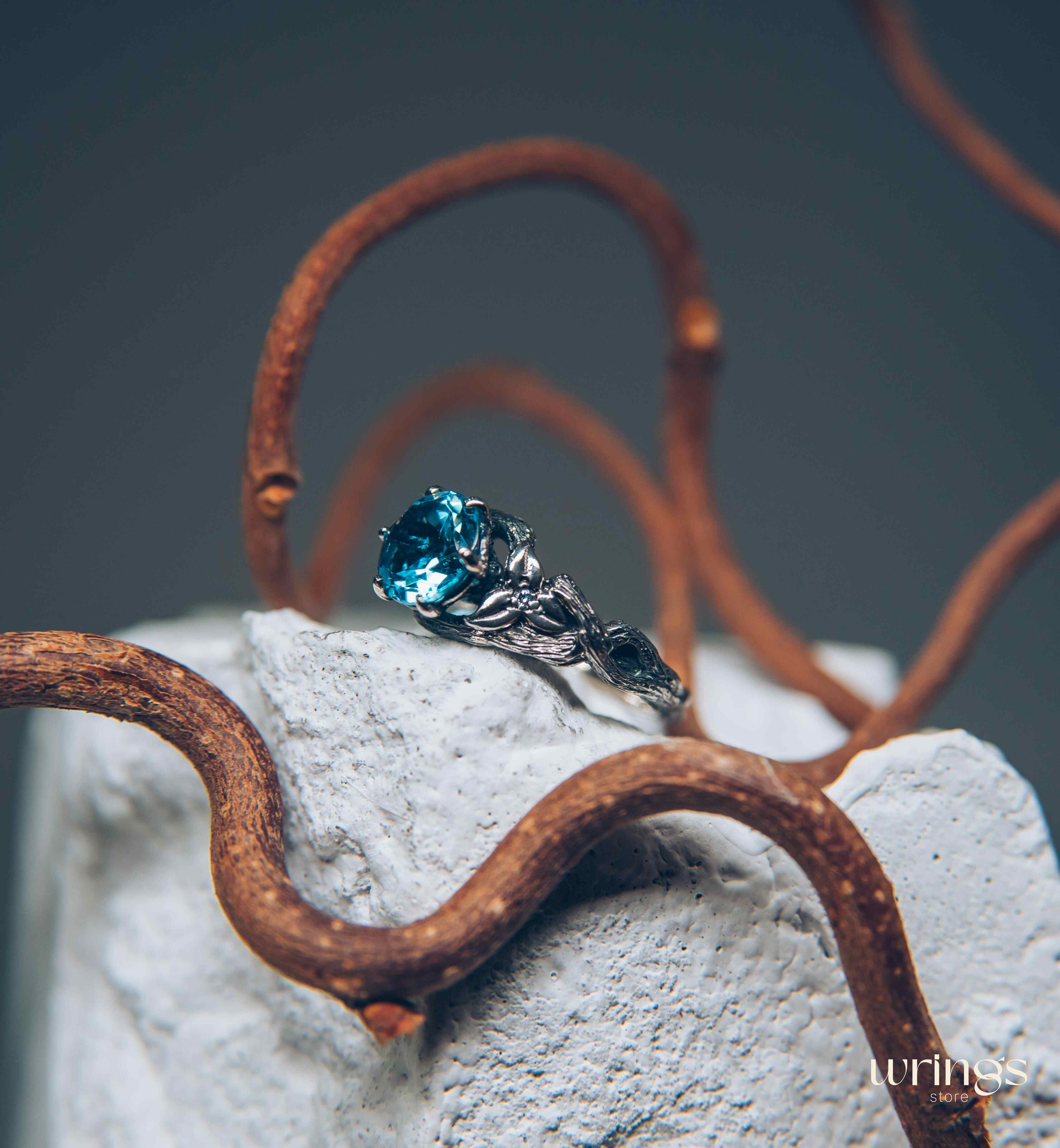 Topaz with Leaves and braided Twigs — Silver Branch Engagement Ring