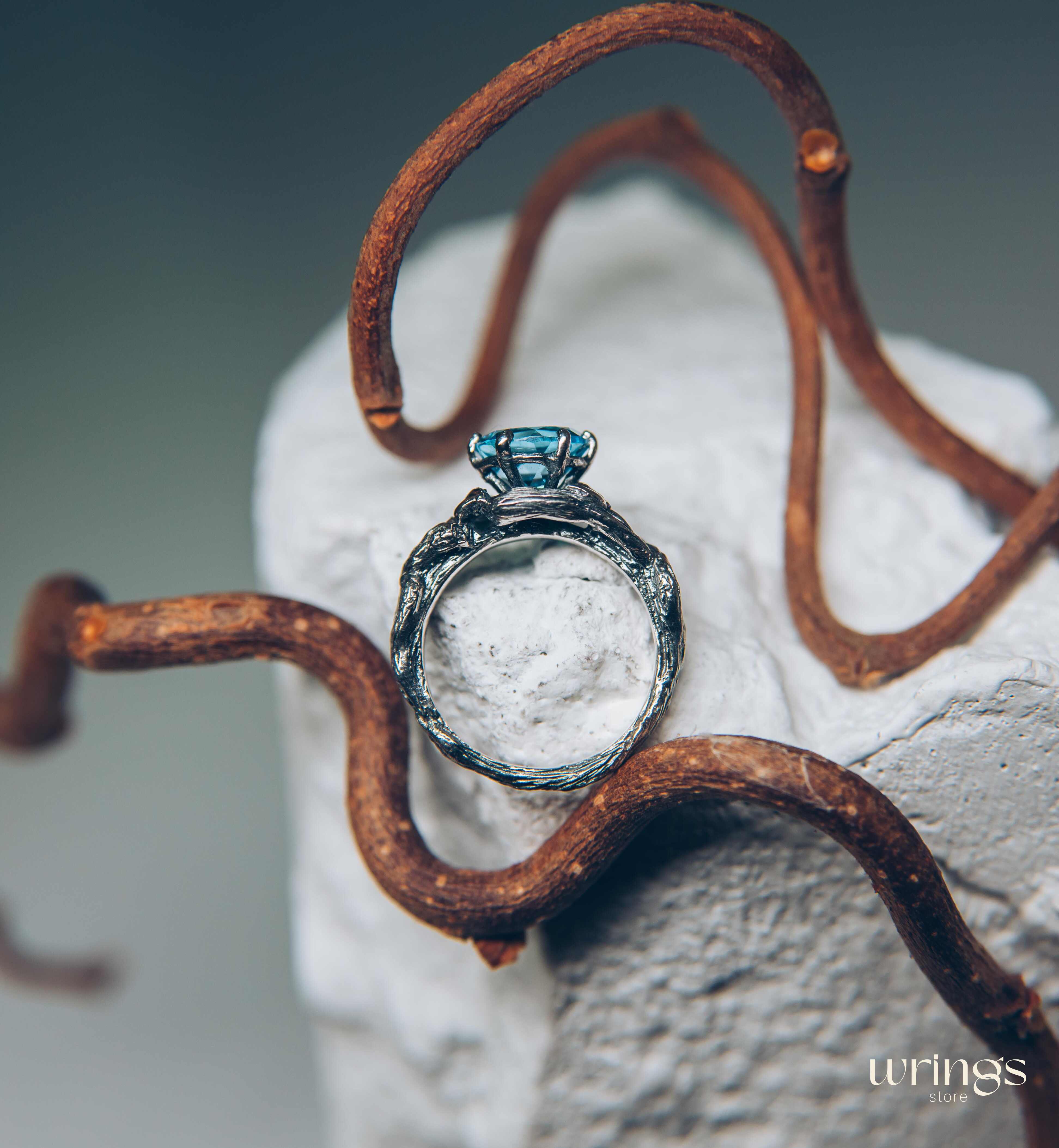 Topaz with Leaves and braided Twigs — Silver Branch Engagement Ring