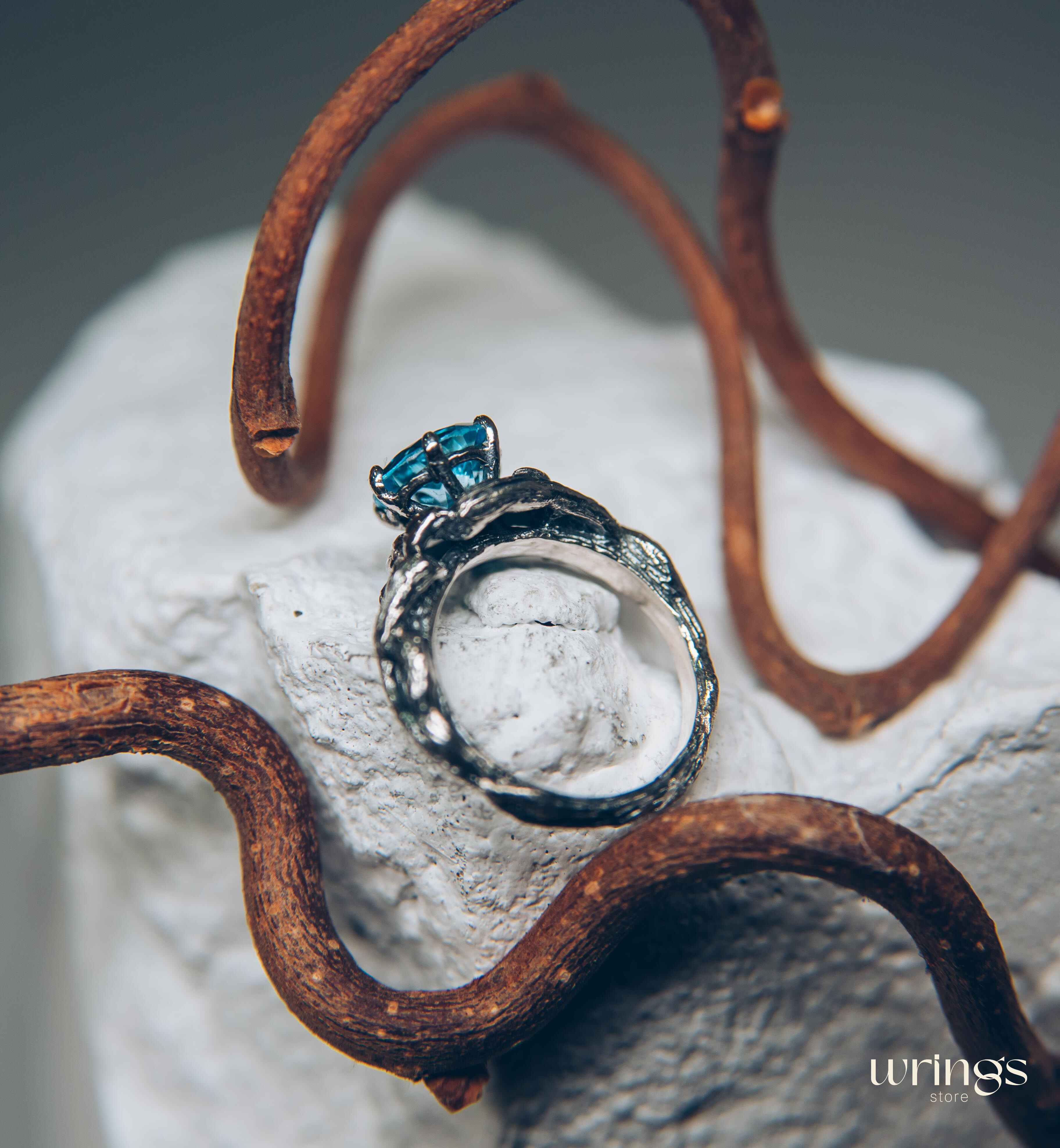 Topaz with Leaves and braided Twigs — Silver Branch Engagement Ring