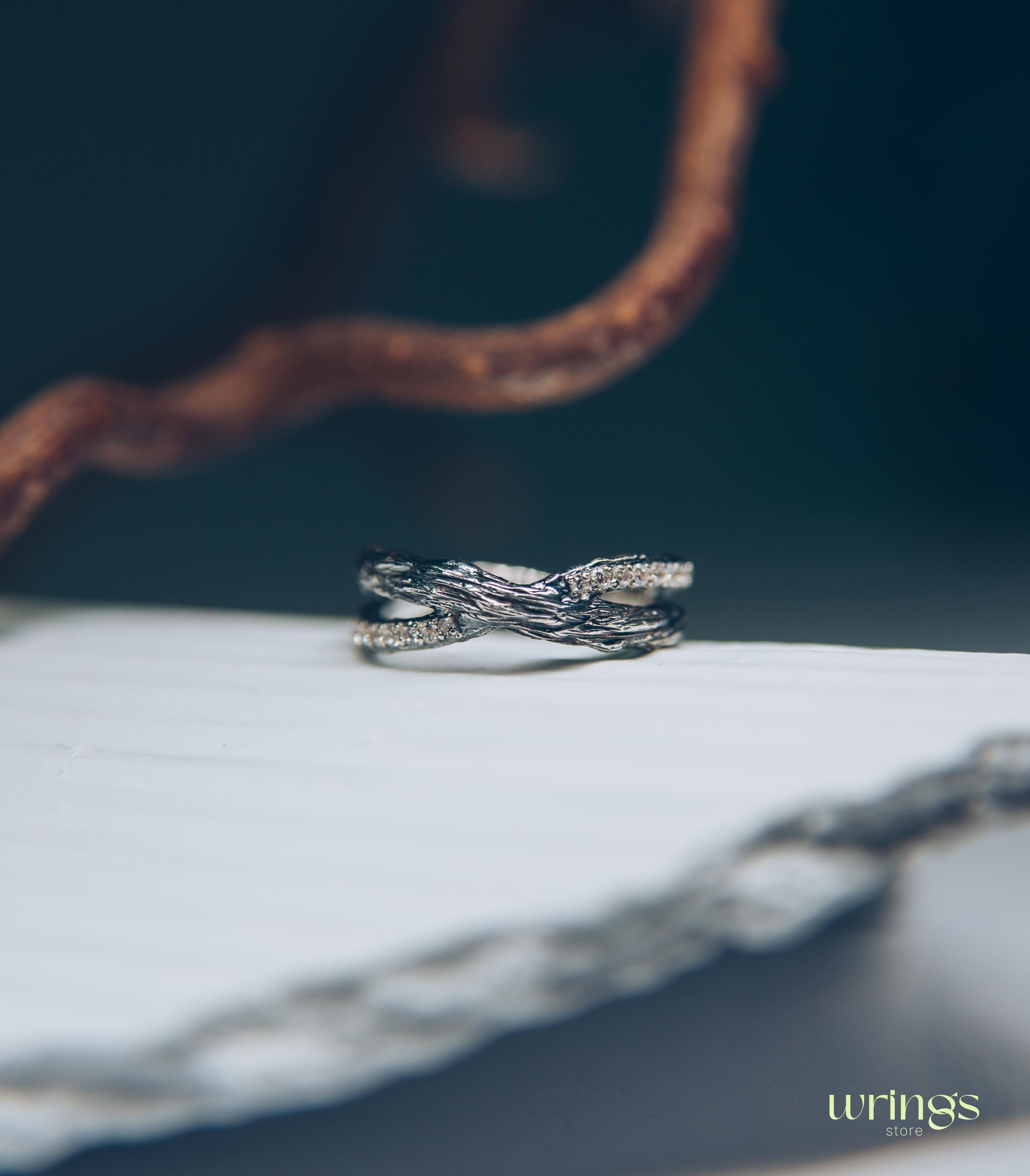 Unusual Branch Criss-Cross Ring with Cubic Zirconia