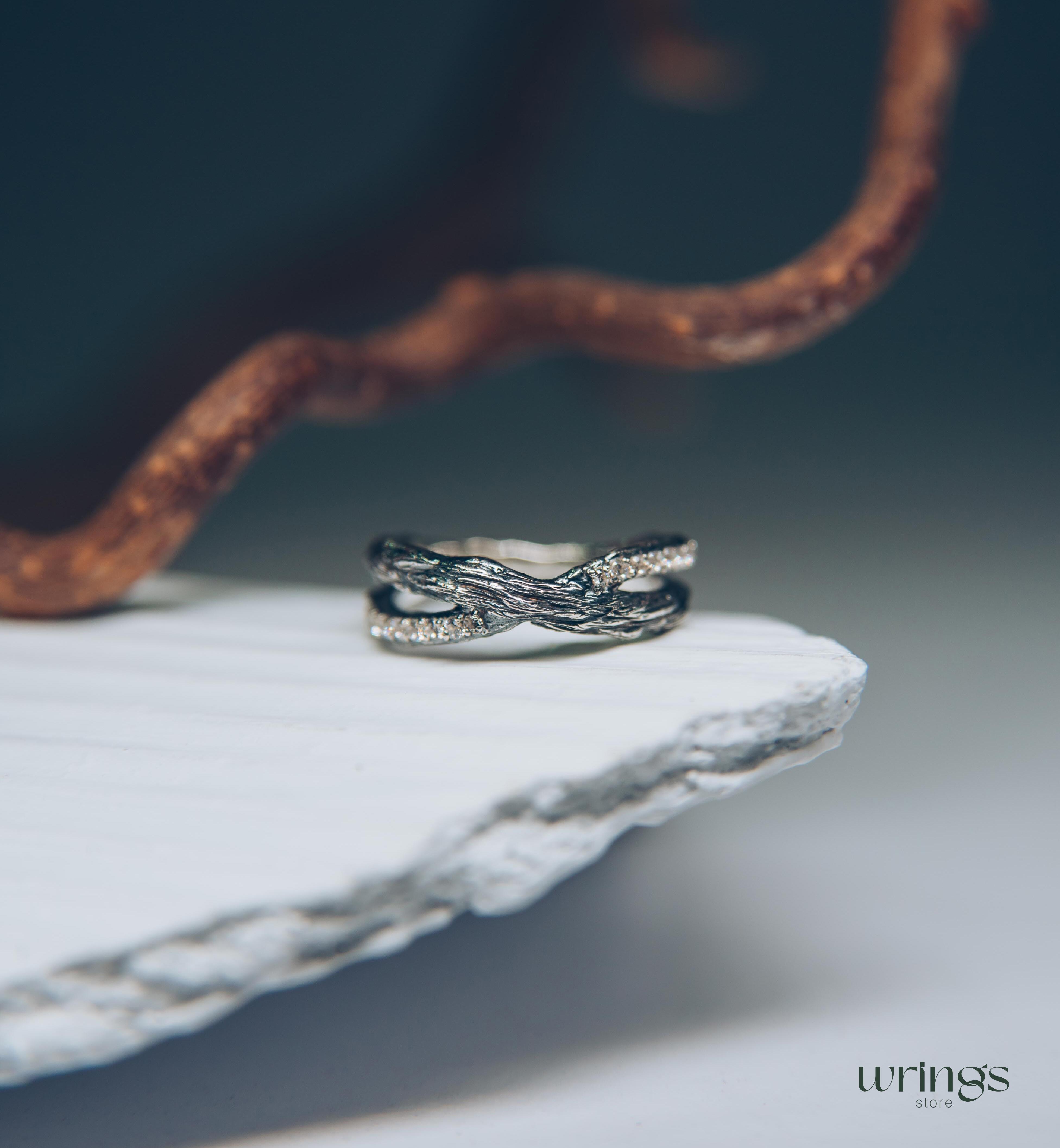 Unusual Branch Criss-Cross Ring with Cubic Zirconia