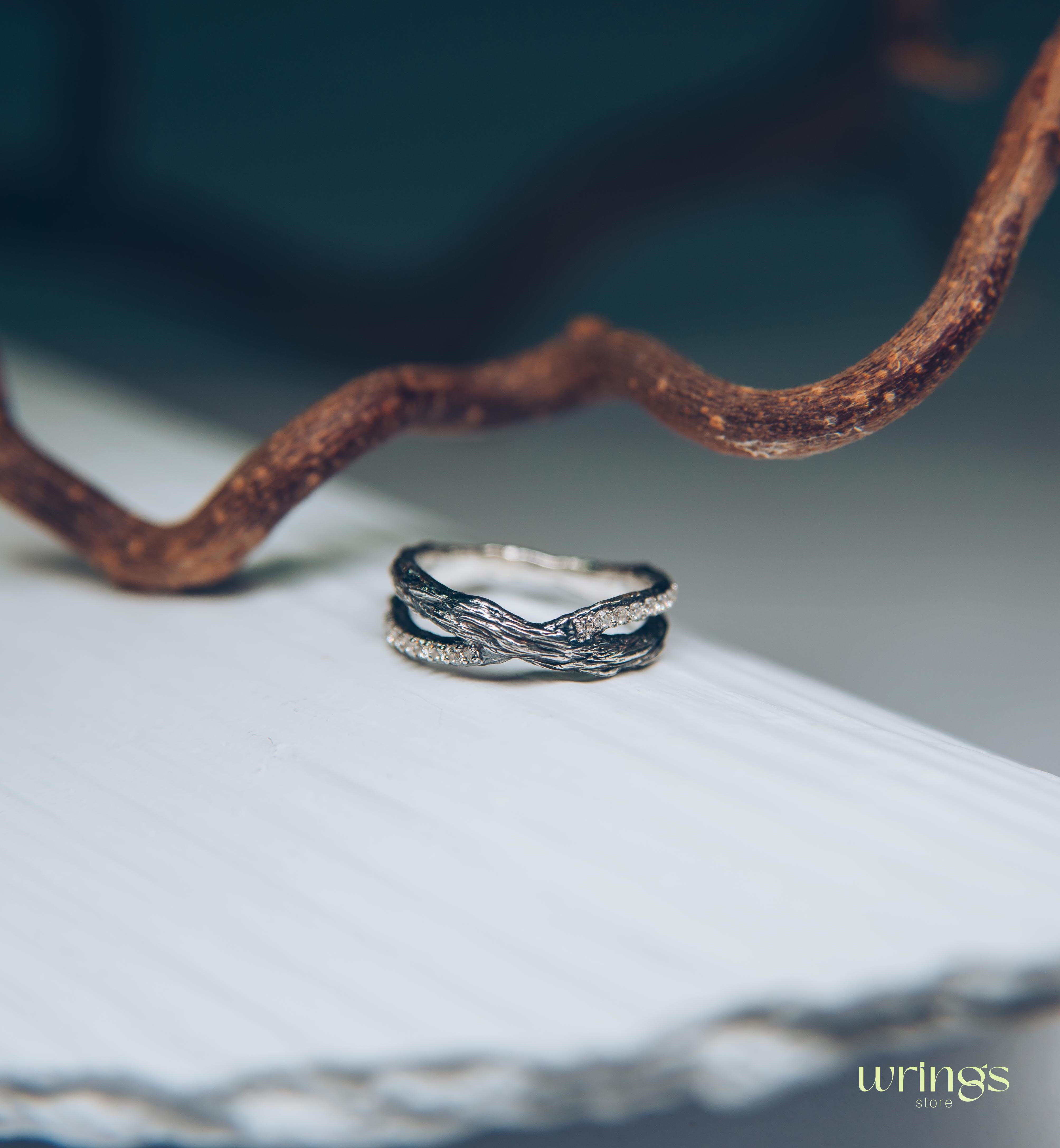 Unusual Branch Criss-Cross Ring with Cubic Zirconia