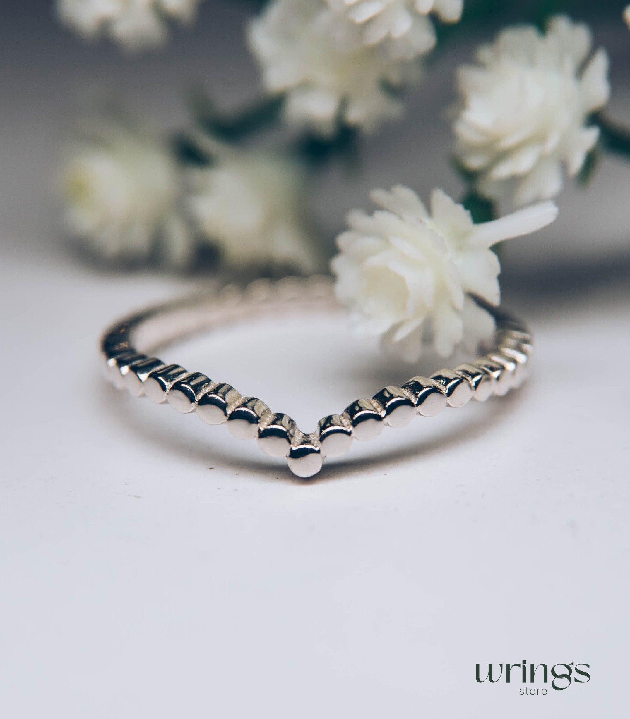 Women's Delicate Silver Chevron Ring Beaded Style Band