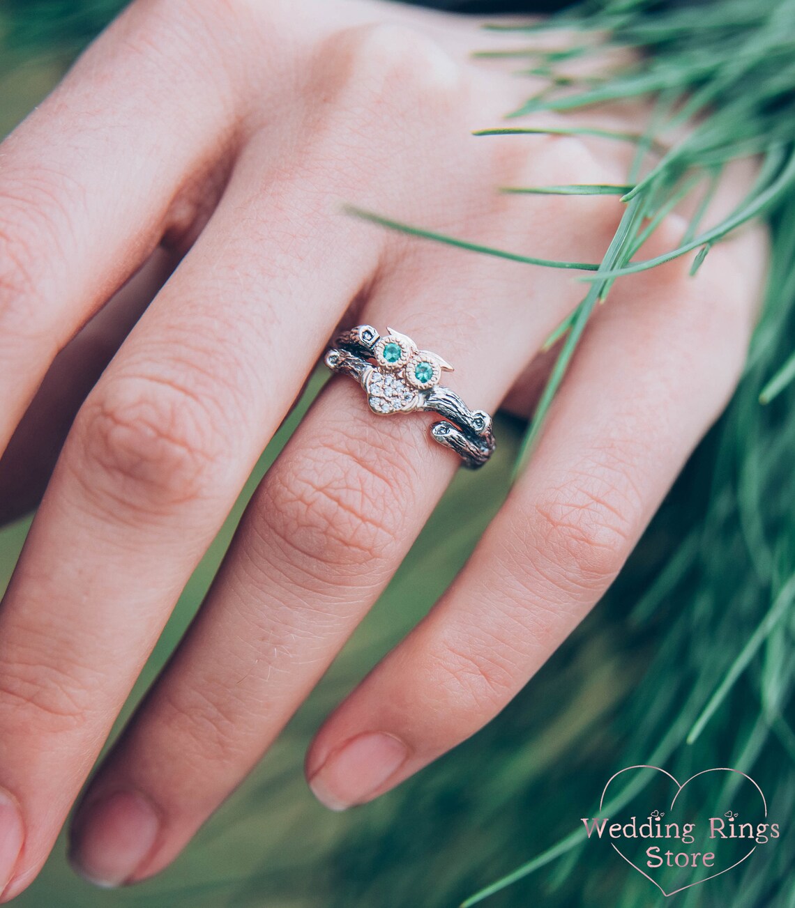 Gold Owl Ring with Emeralds and CZ on Silver Twig