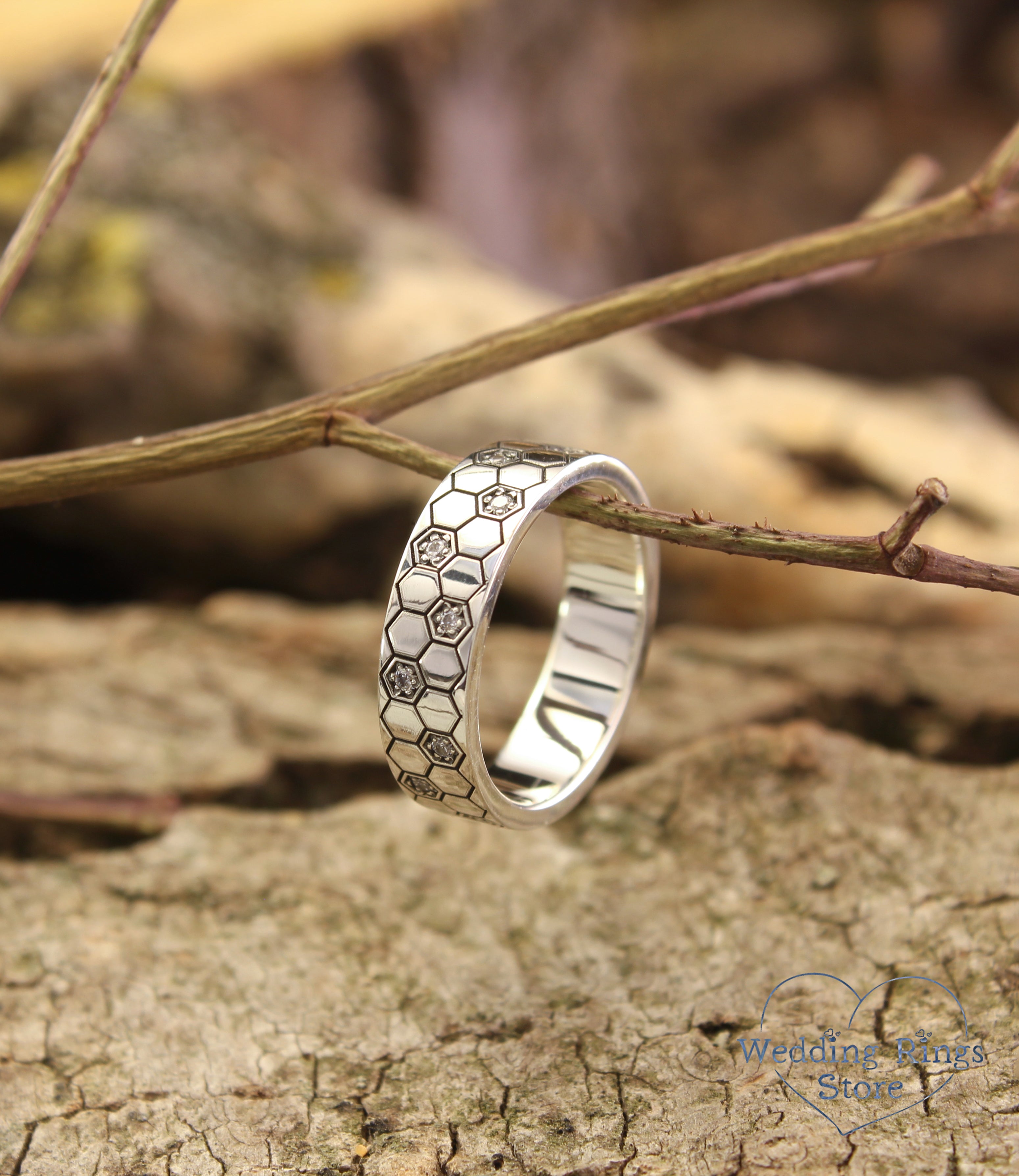 Geometric Silver Honeycomb Ring Band Custom Multi Gemstone