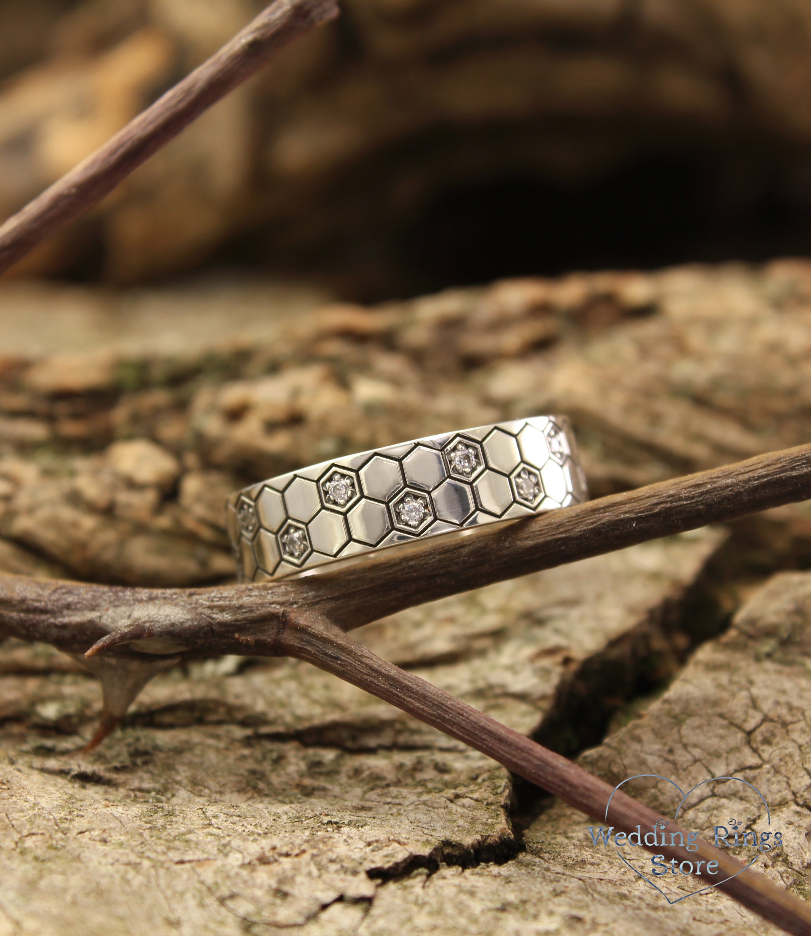 Geometric Silver Honeycomb Ring Band Custom Multi Gemstone