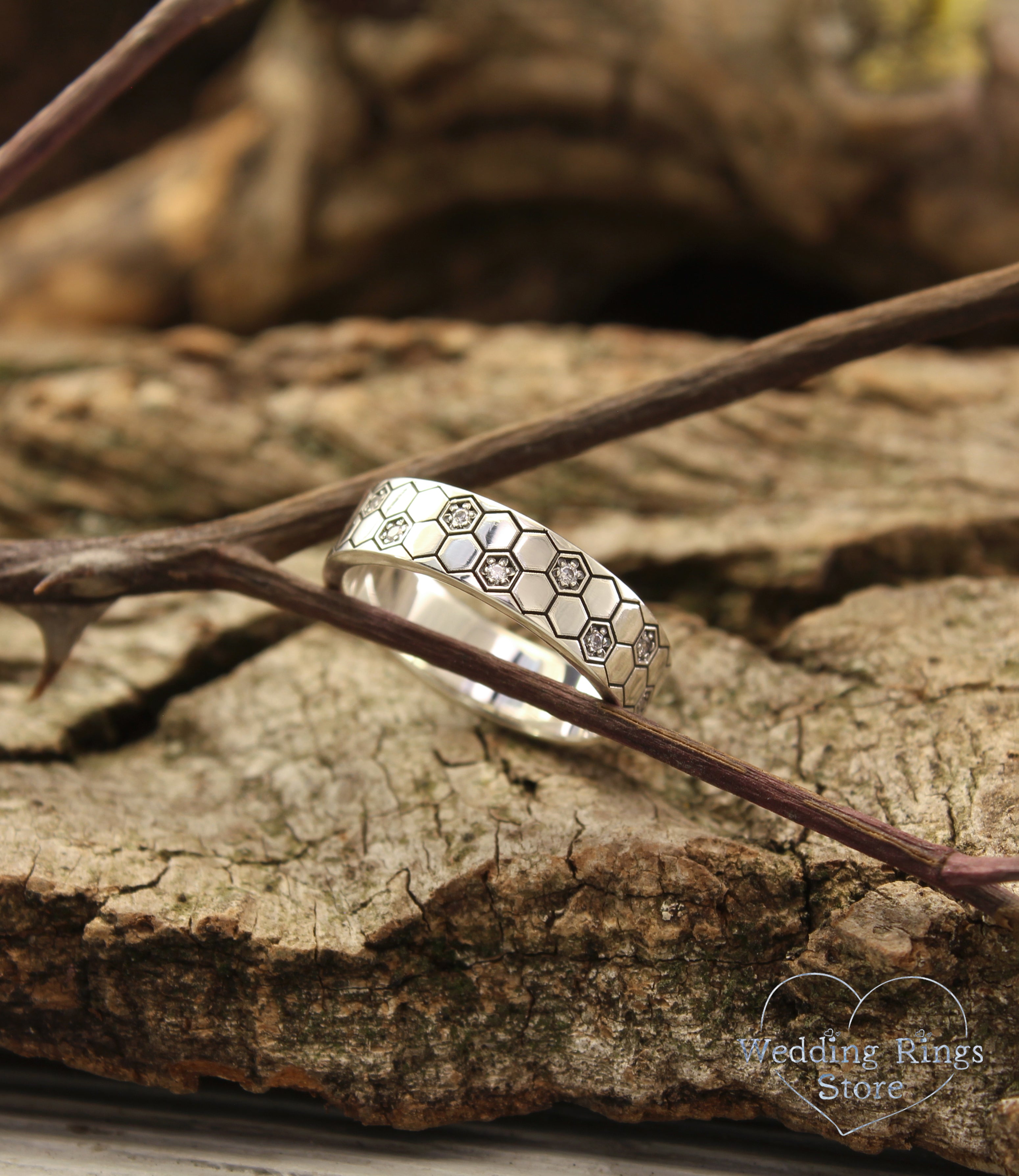 Geometric Silver Honeycomb Ring Band Custom Multi Gemstone