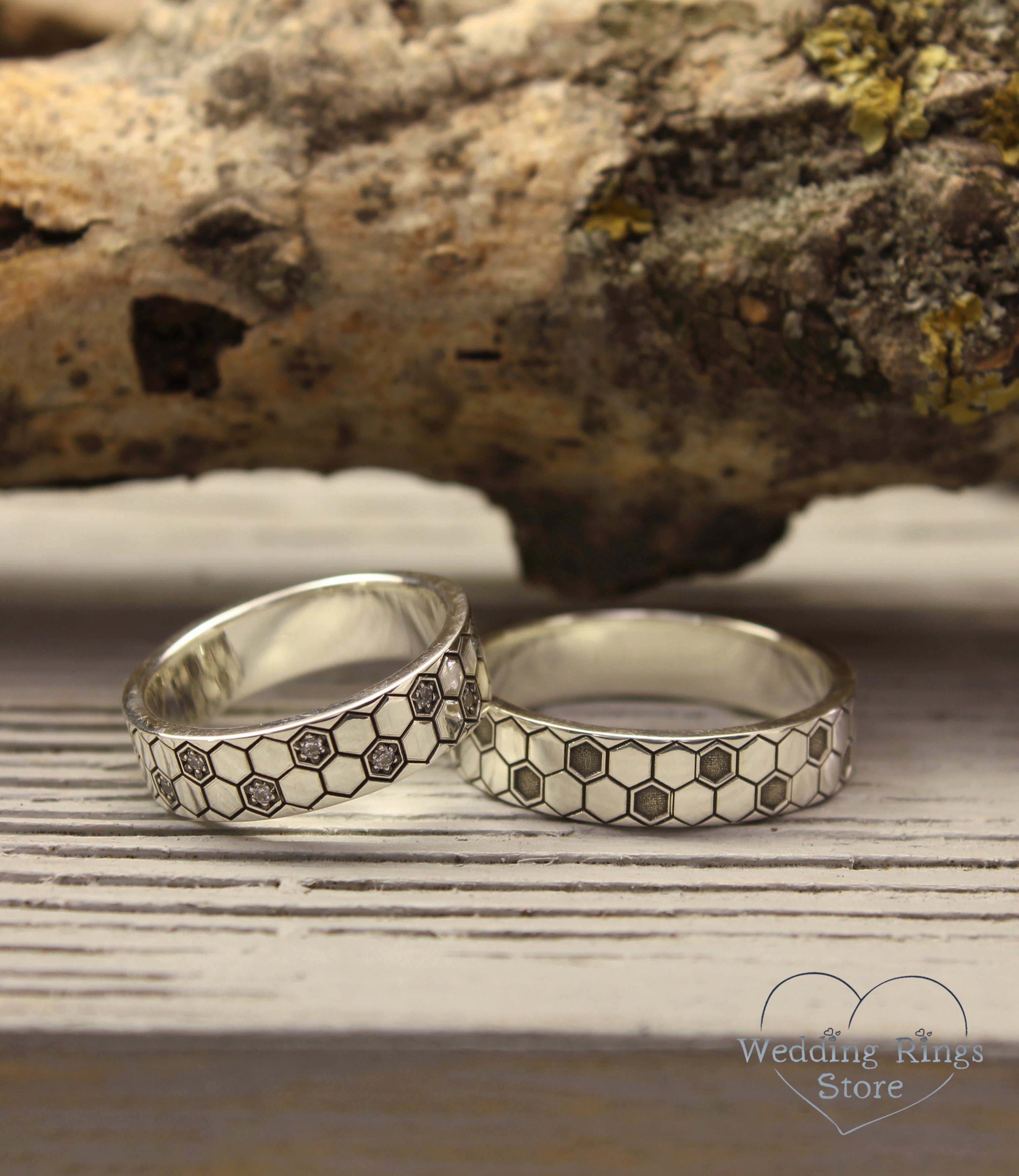 Geometric Honeycomb Couple Wedding Bands Set in Silver