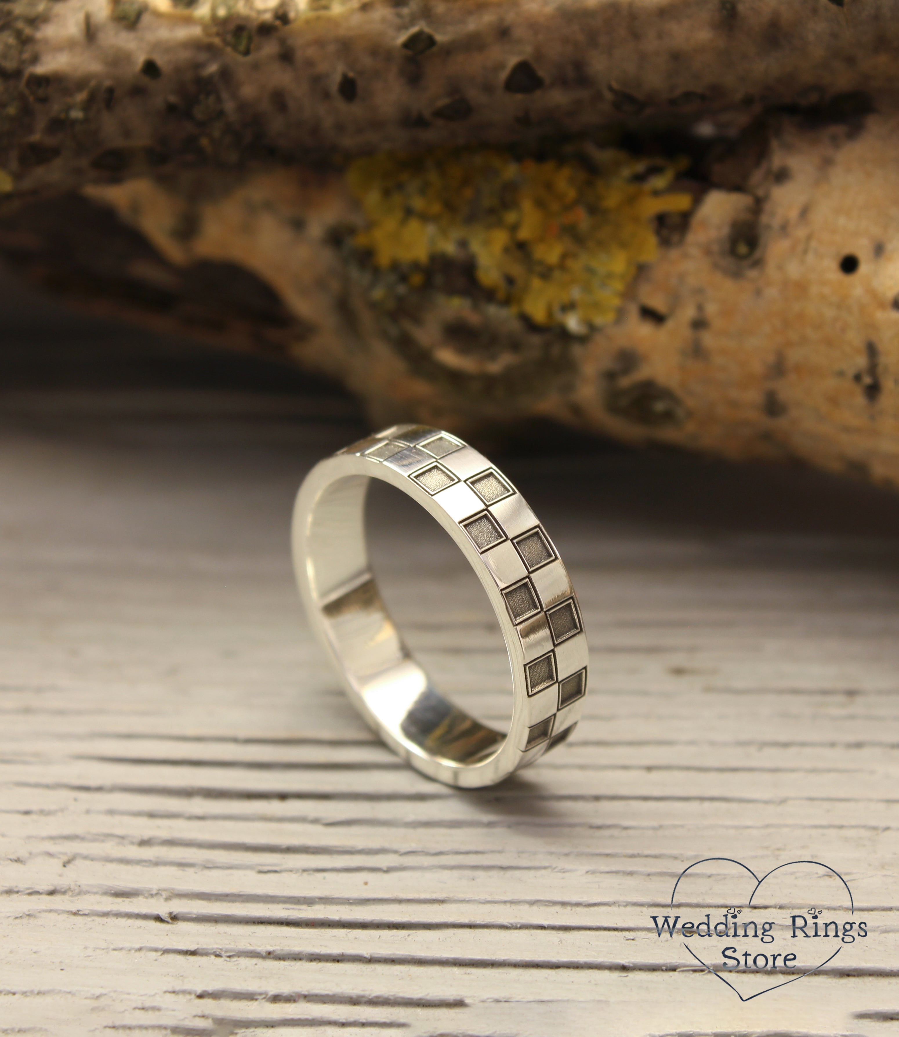 Silver Two Tone Geometric Checker Ring in Chess Pattern