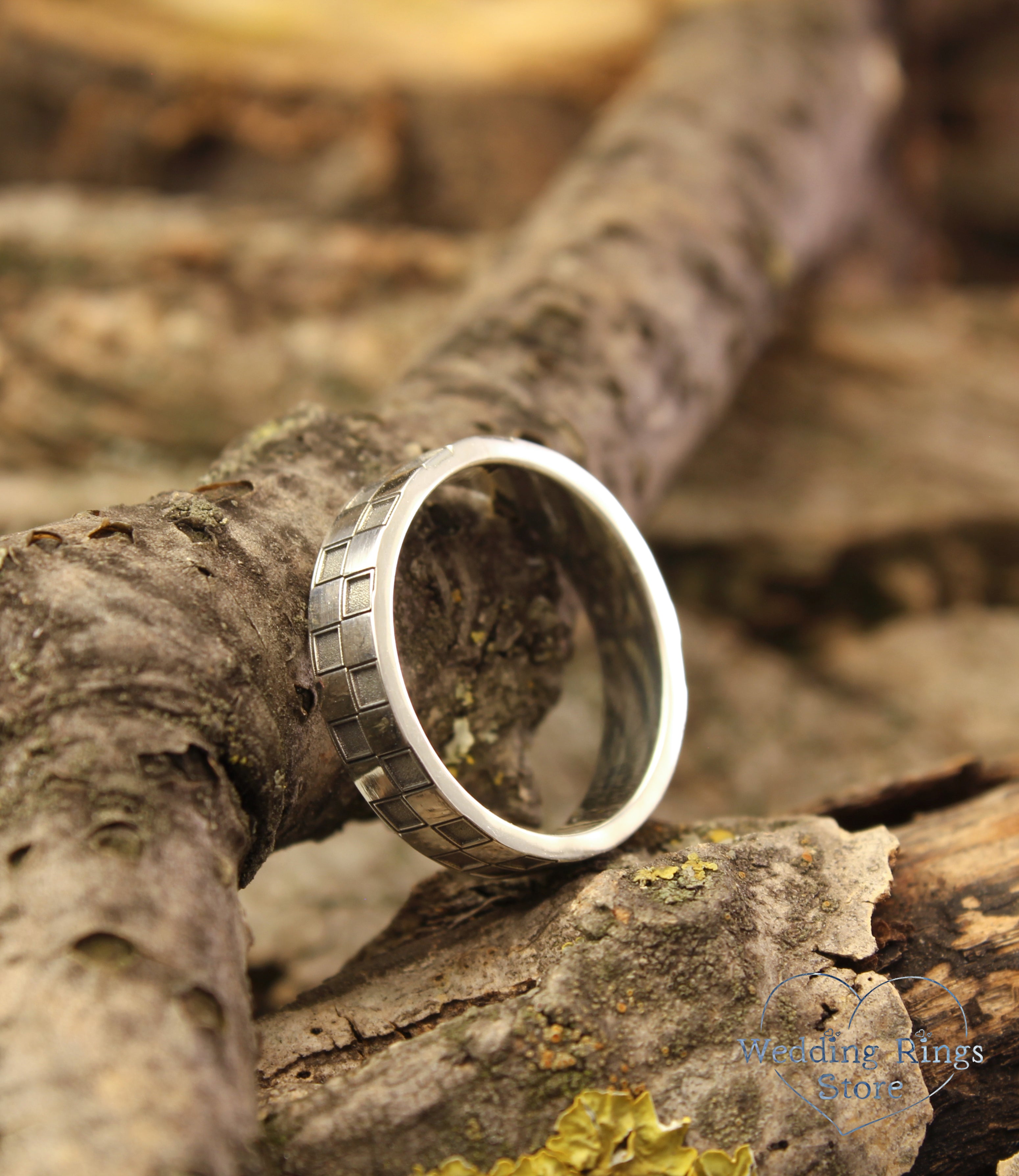 Silver Two Tone Geometric Checker Ring in Chess Pattern