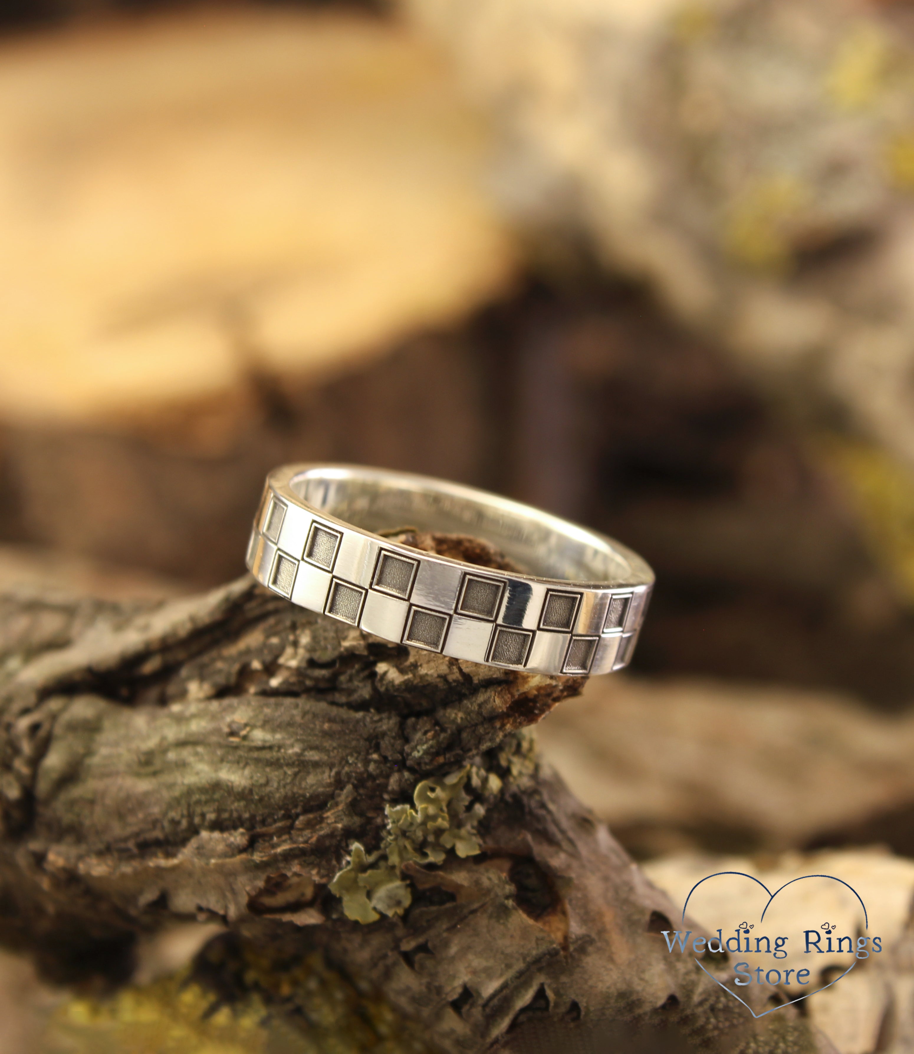 Silver Two Tone Geometric Checker Ring in Chess Pattern