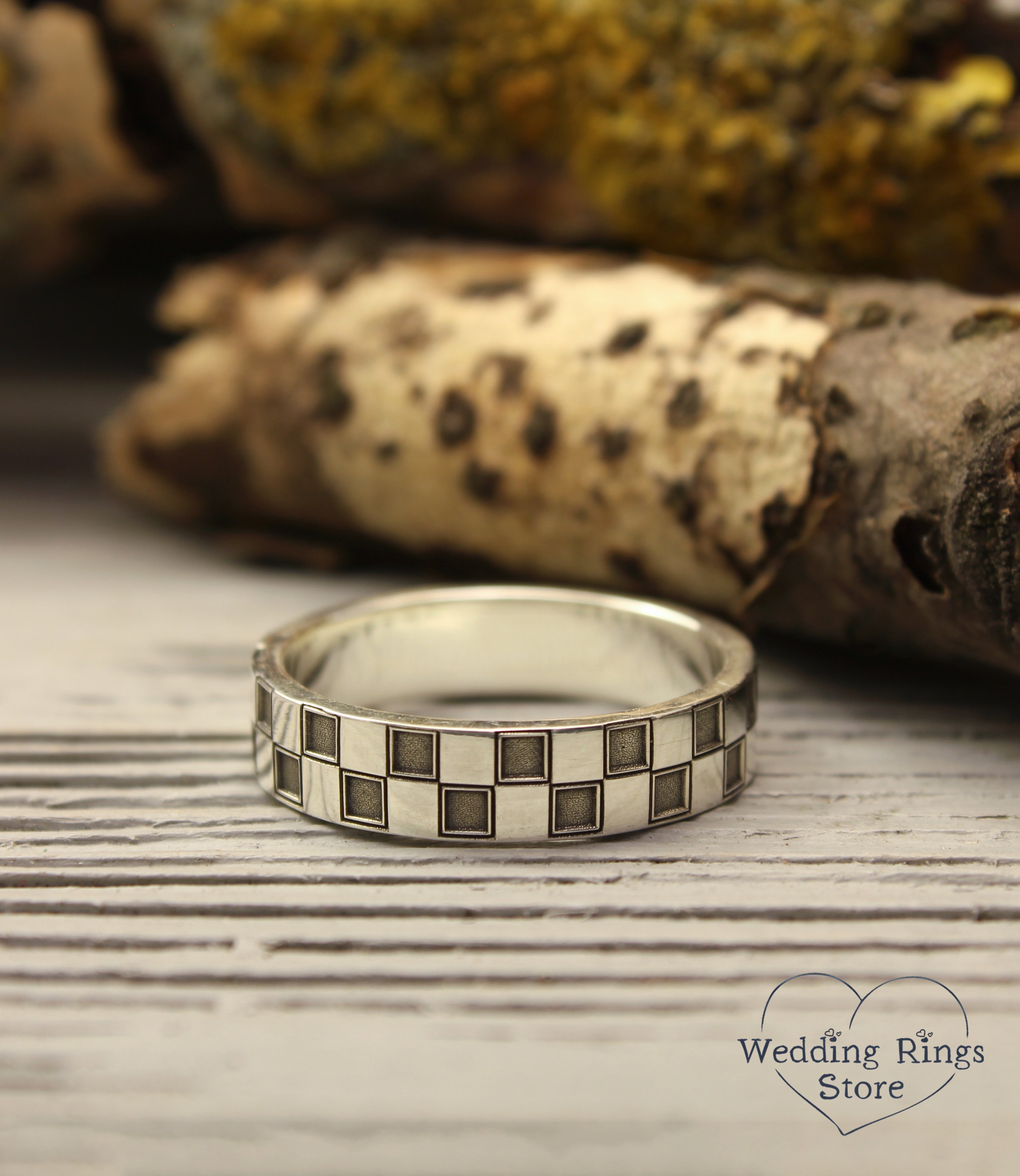 Silver Two Tone Geometric Checker Ring in Chess Pattern
