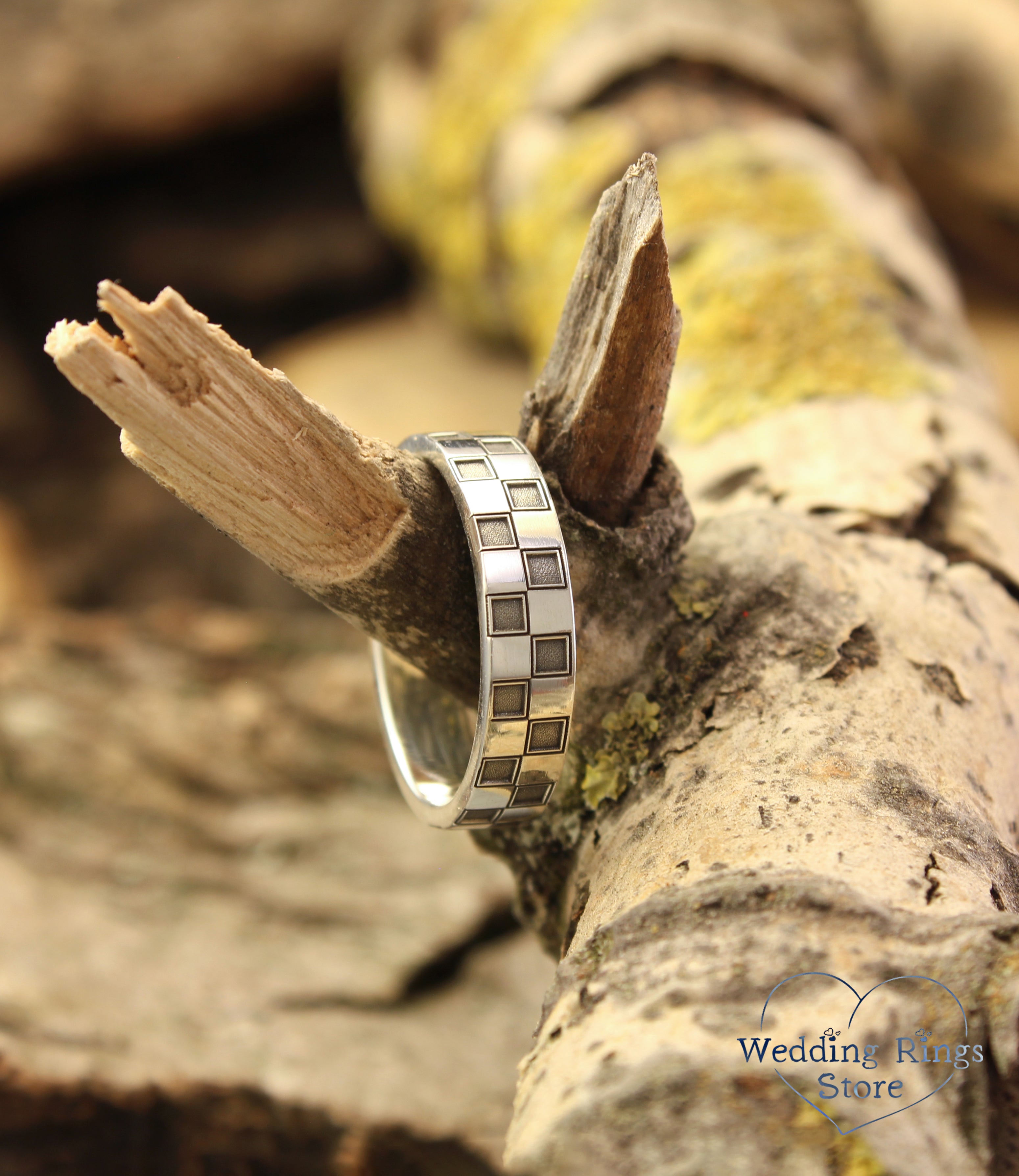 Silver Two Tone Geometric Checker Ring in Chess Pattern