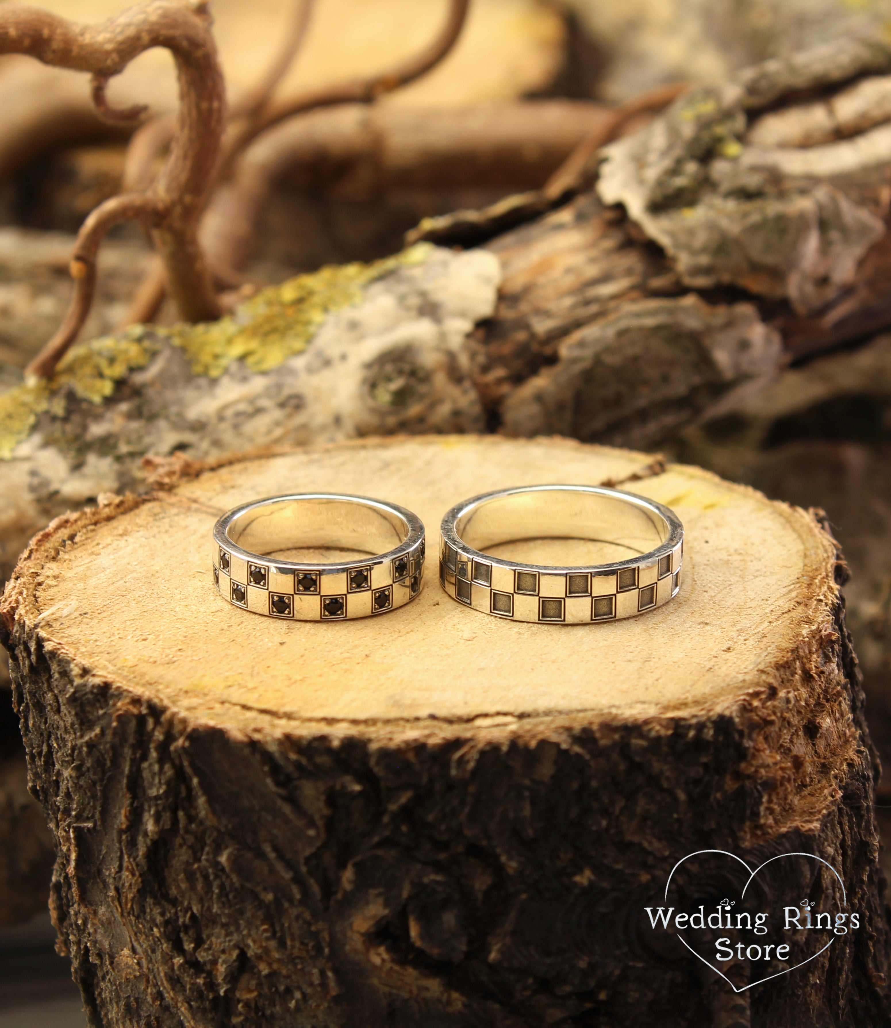 Geometric Silver Сheckered Matching Wedding Bands