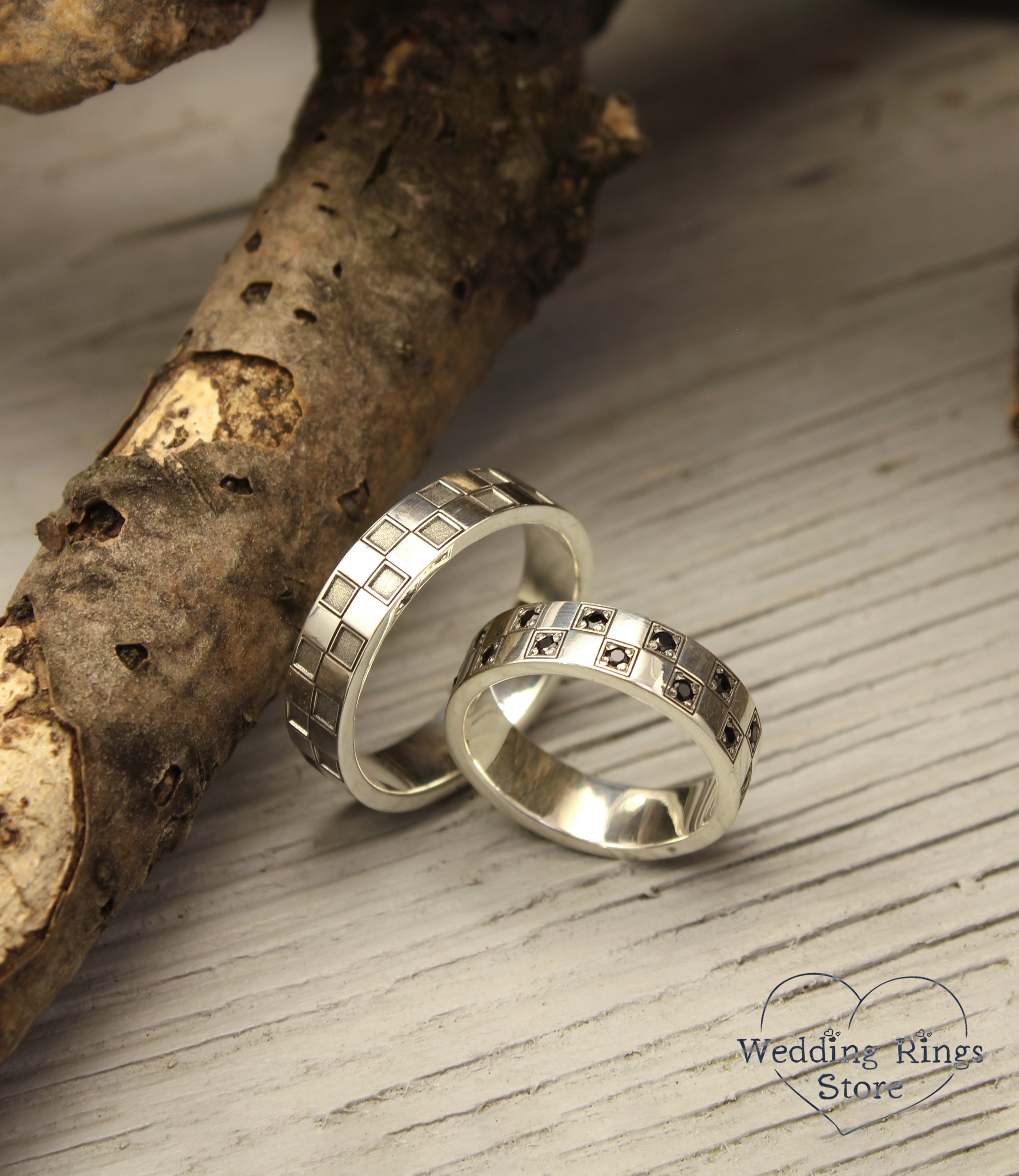 Geometric Silver Сheckered Matching Wedding Bands