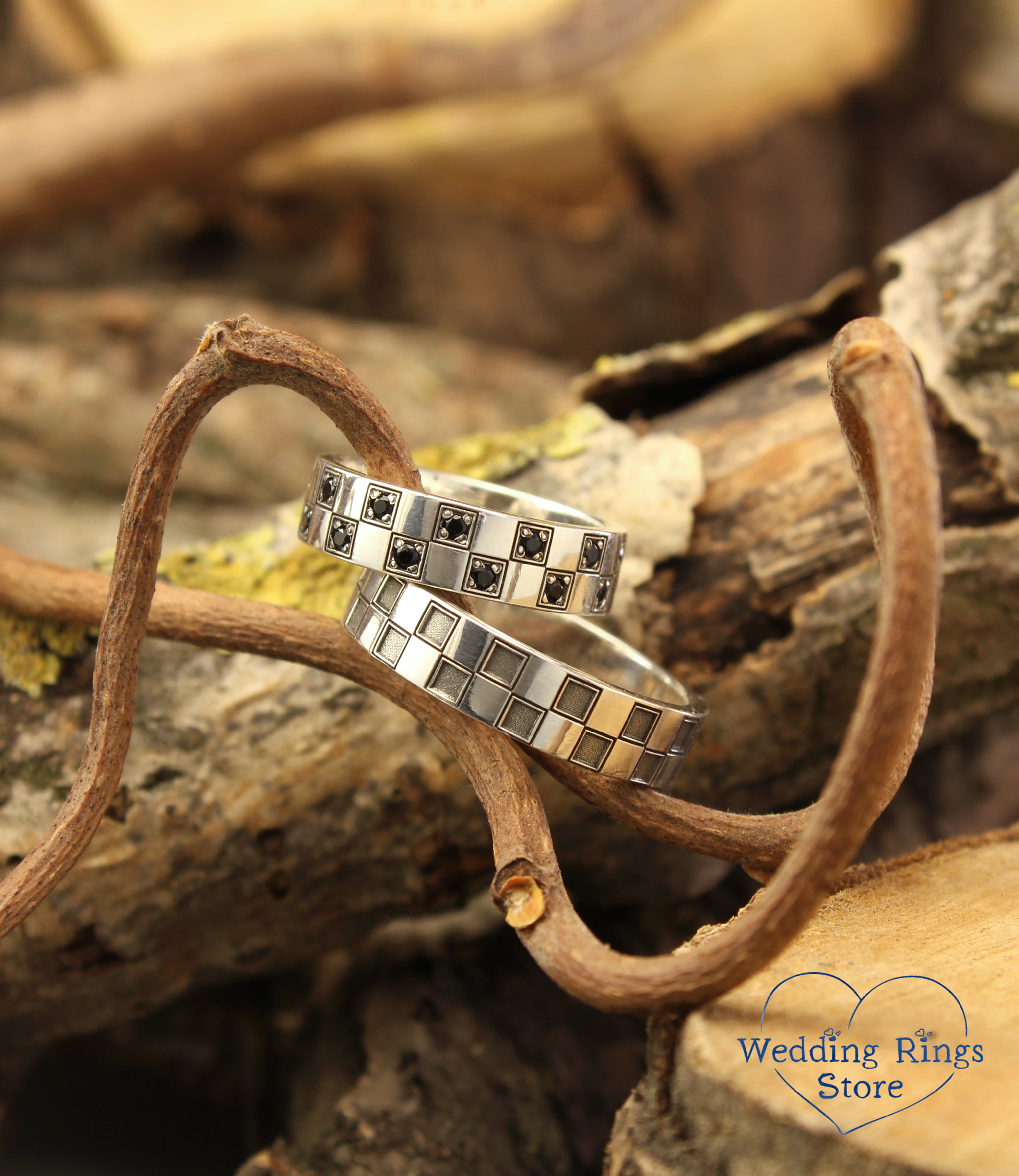 Geometric Silver Сheckered Matching Wedding Bands