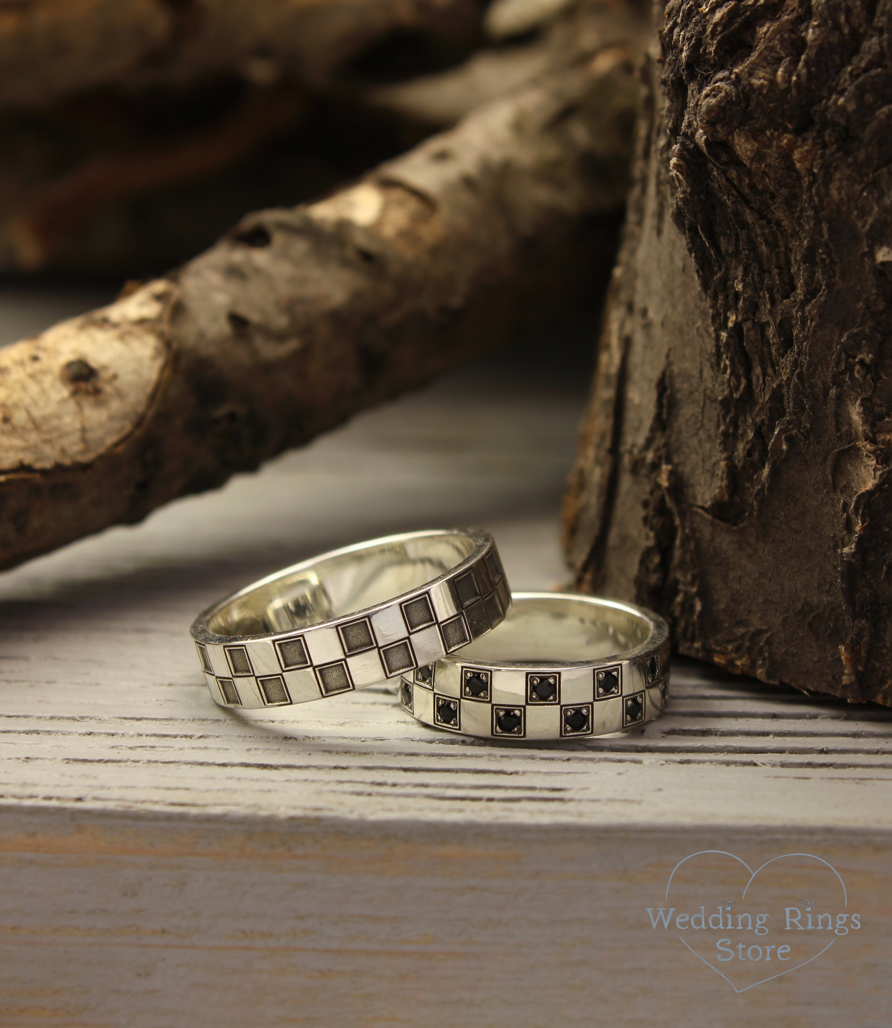 Geometric Silver Сheckered Matching Wedding Bands
