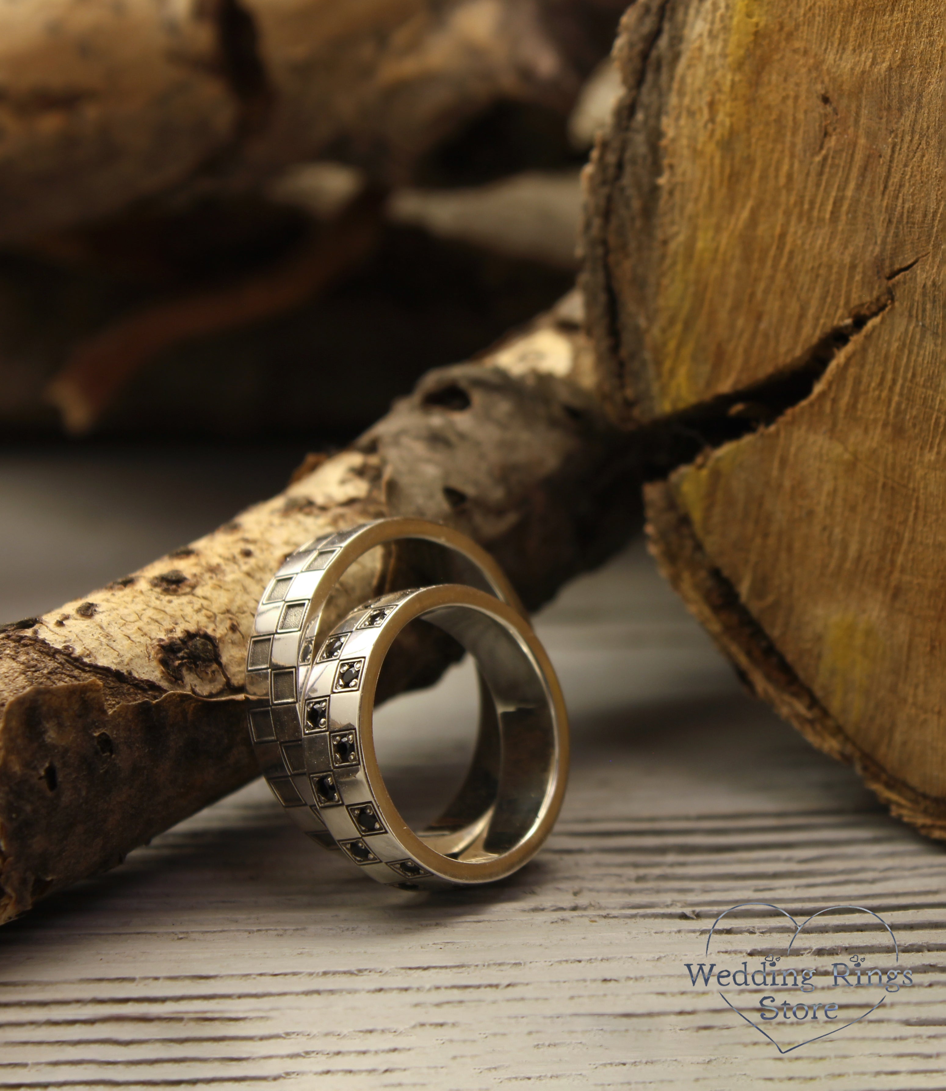 Geometric Silver Сheckered Matching Wedding Bands