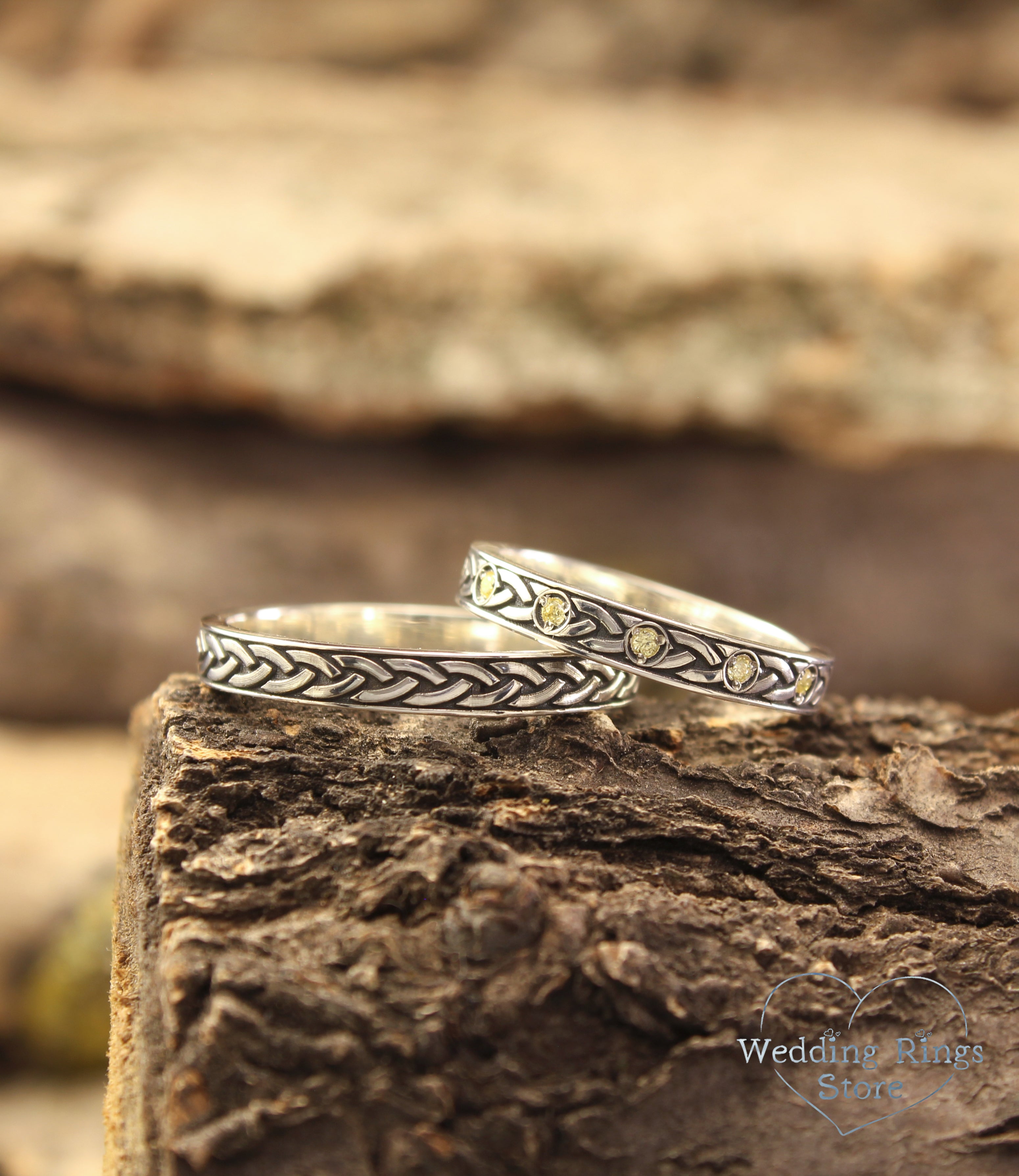 Trendy Silver Celtic Knot Wedding Bands for Couples with Citrines