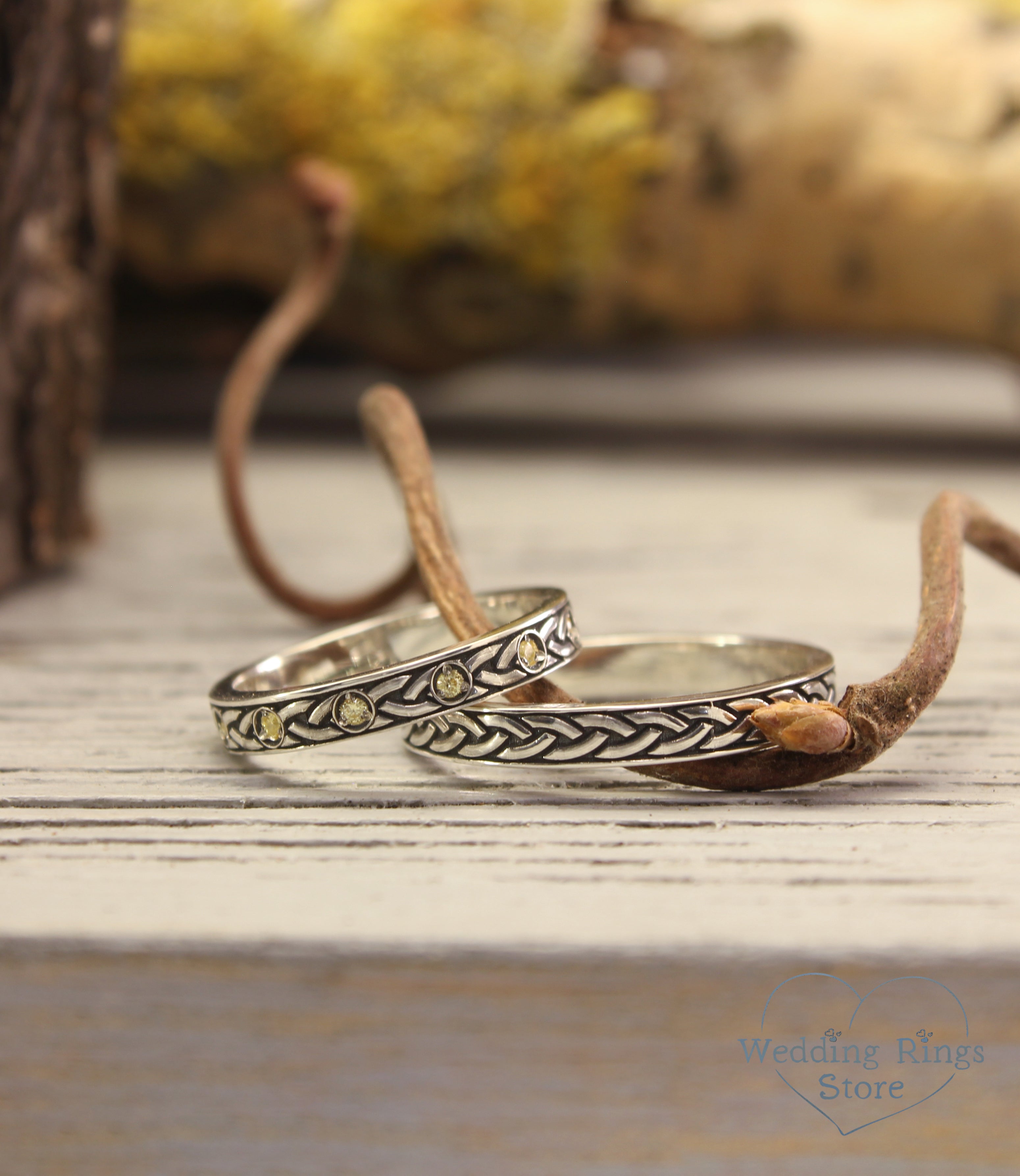 Trendy Silver Celtic Knot Wedding Bands for Couples with Citrines