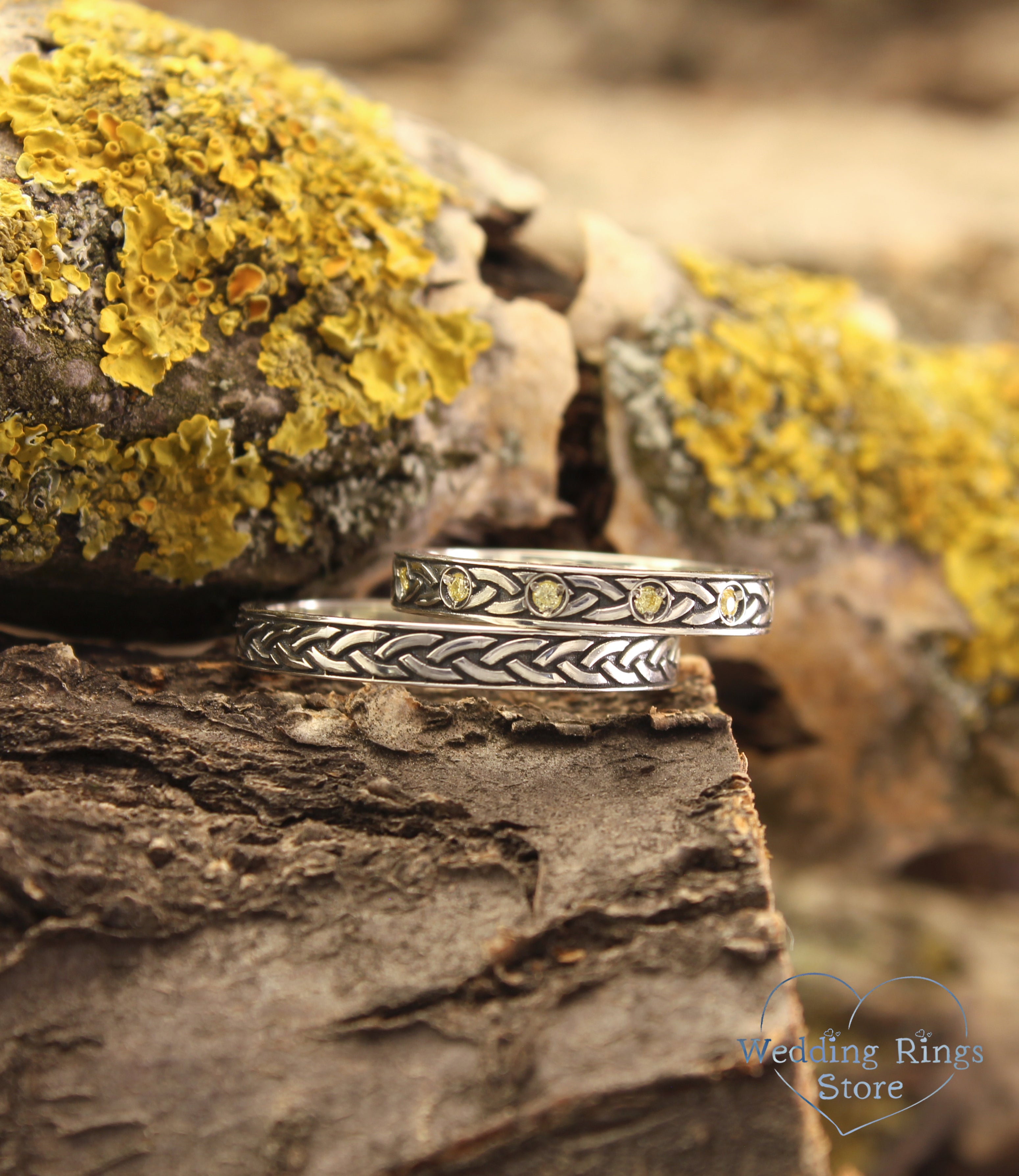 Trendy Silver Celtic Knot Wedding Bands for Couples with Citrines