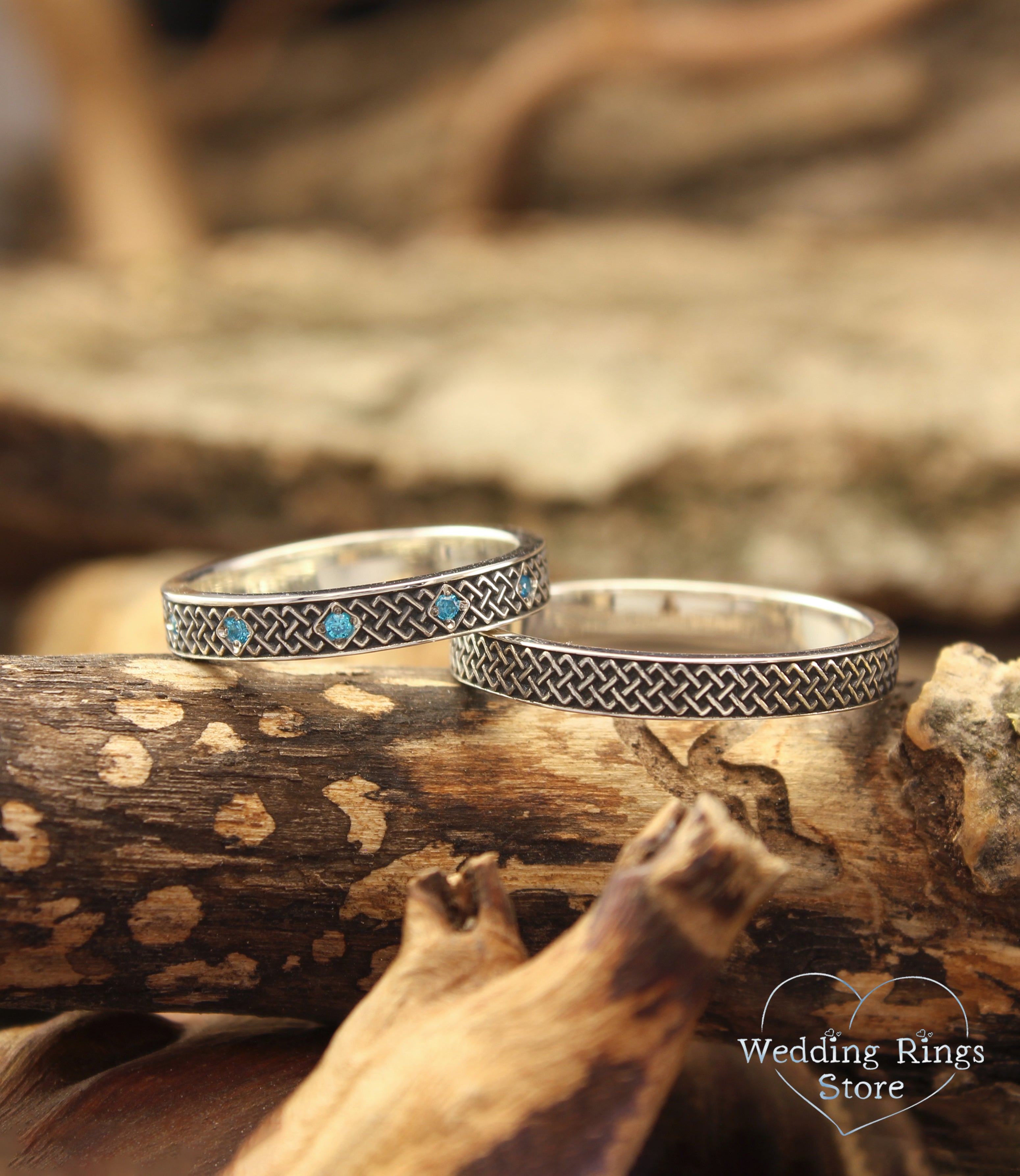 Silver Matching Celtic Rings Set – Subtle Knots & Blue Topazes