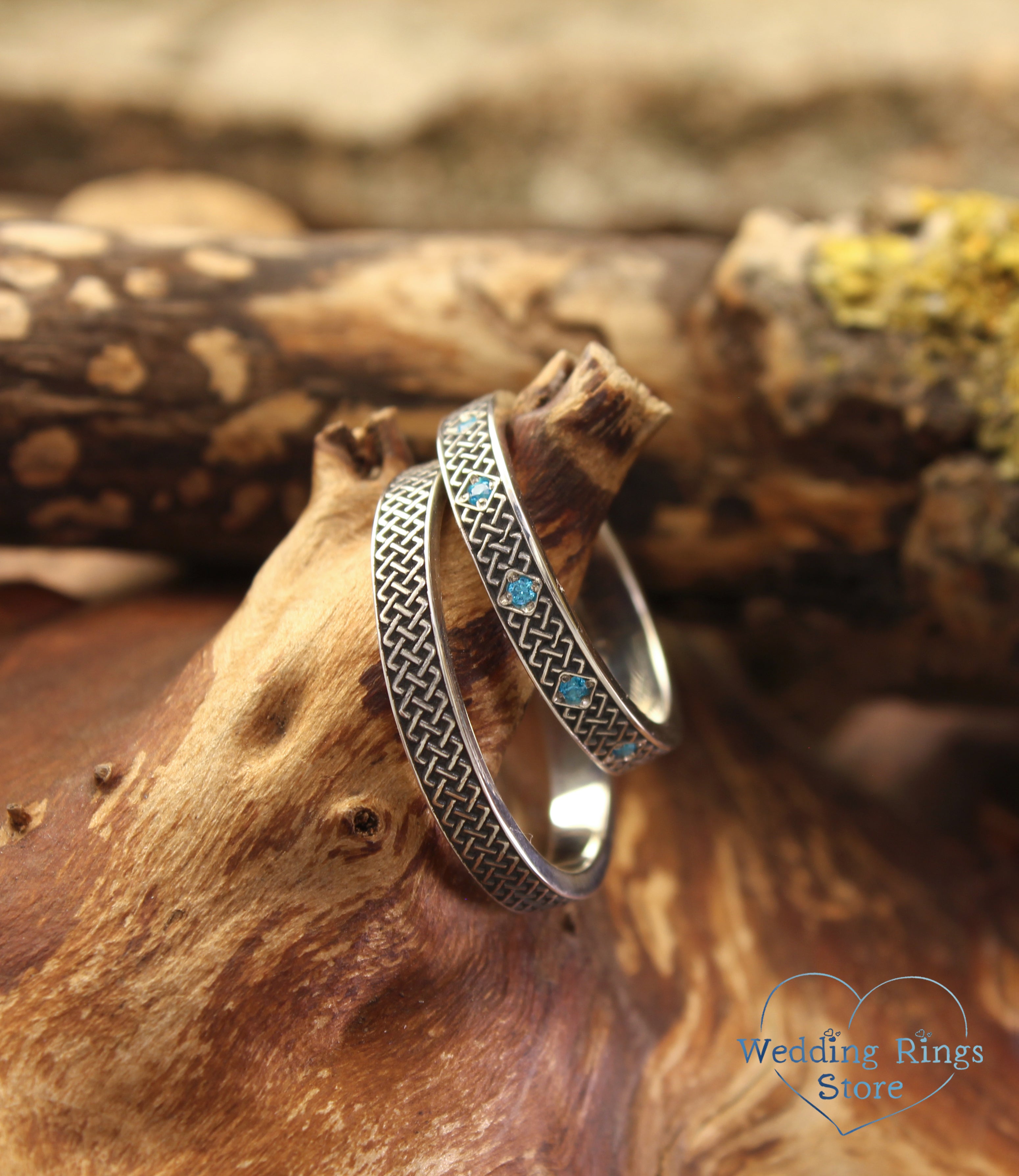 Silver Matching Celtic Rings Set – Subtle Knots & Blue Topazes