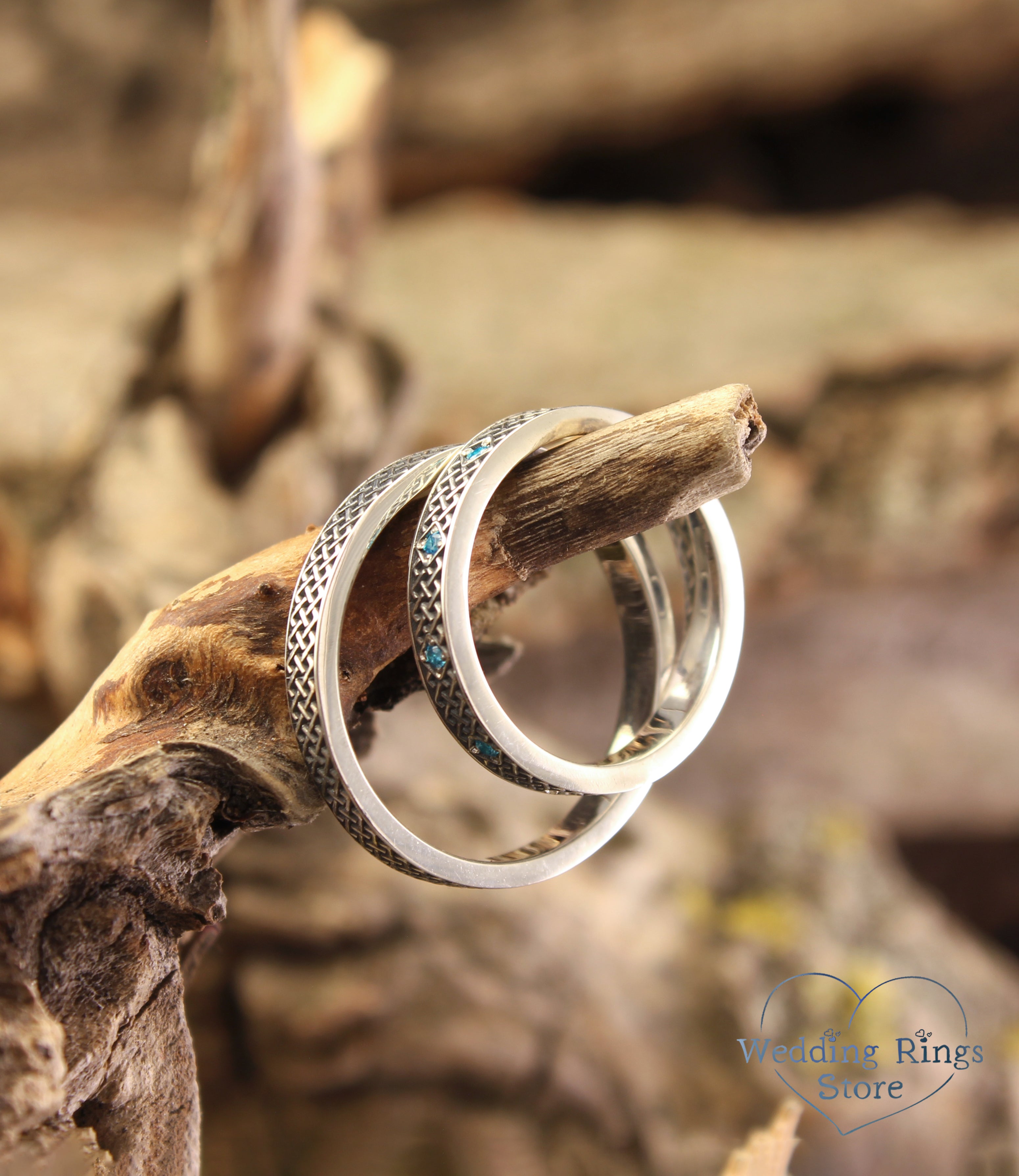 Silver Matching Celtic Rings Set – Subtle Knots & Blue Topazes