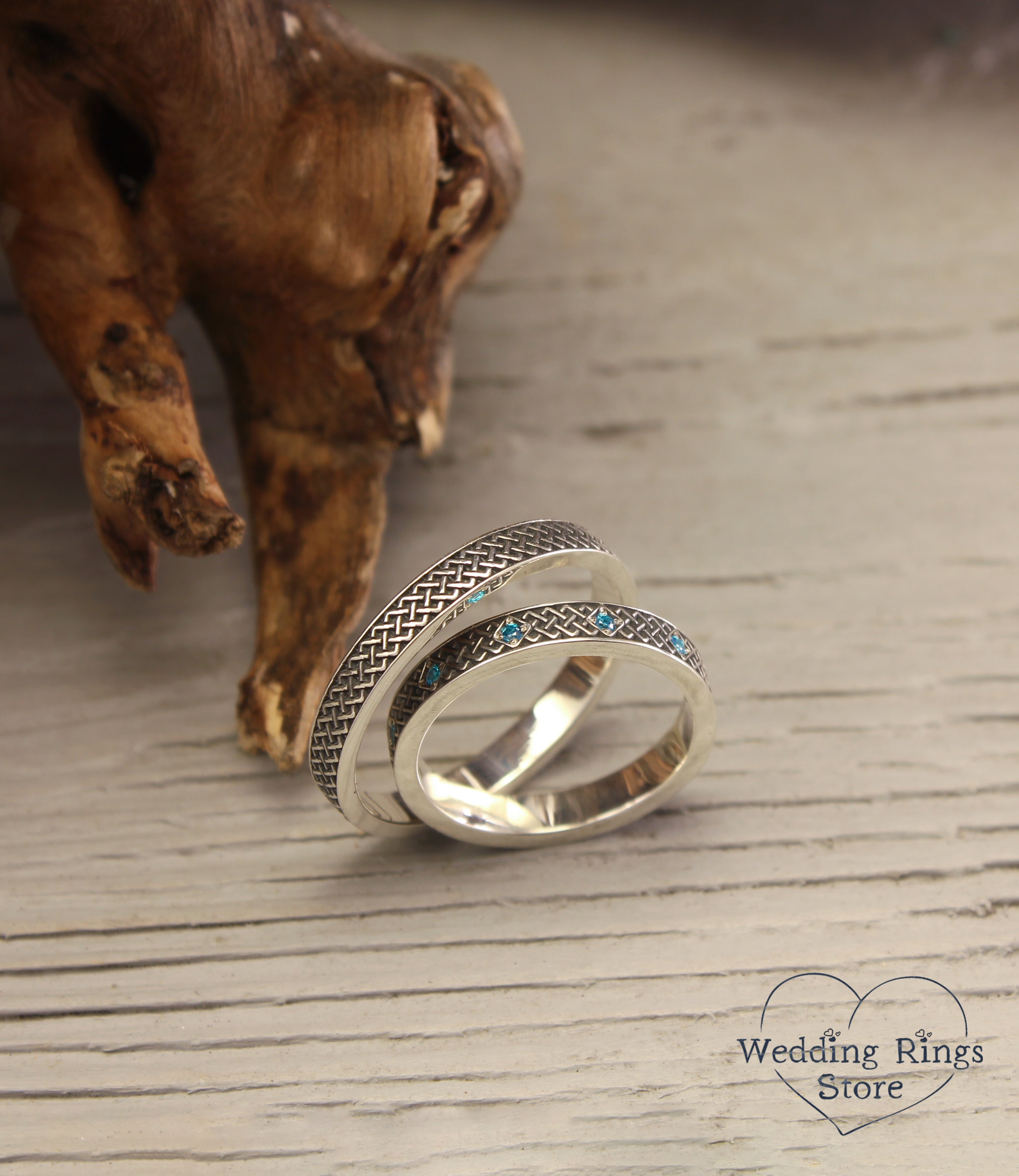 Silver Matching Celtic Rings Set – Subtle Knots & Blue Topazes