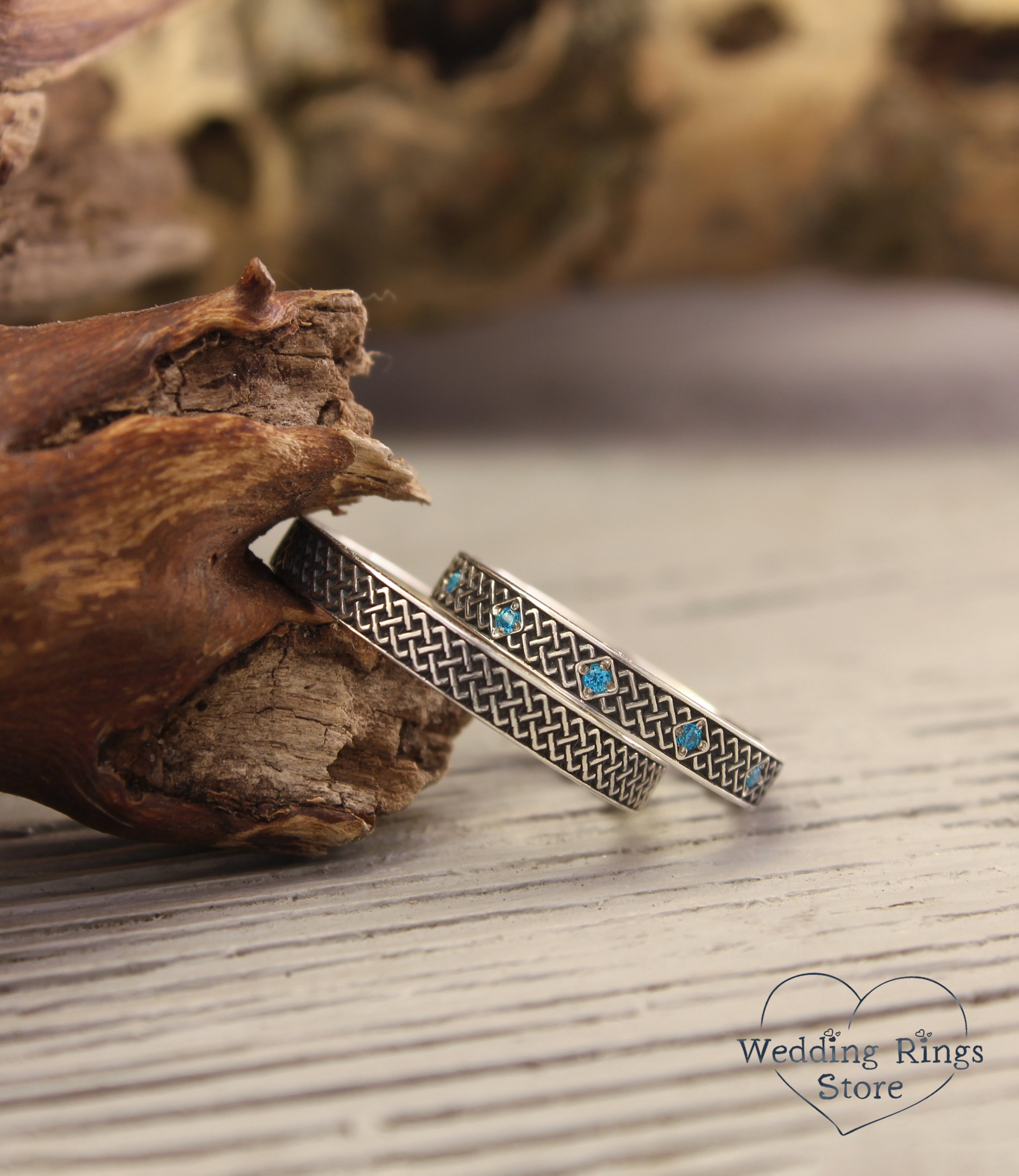 Silver Matching Celtic Rings Set – Subtle Knots & Blue Topazes