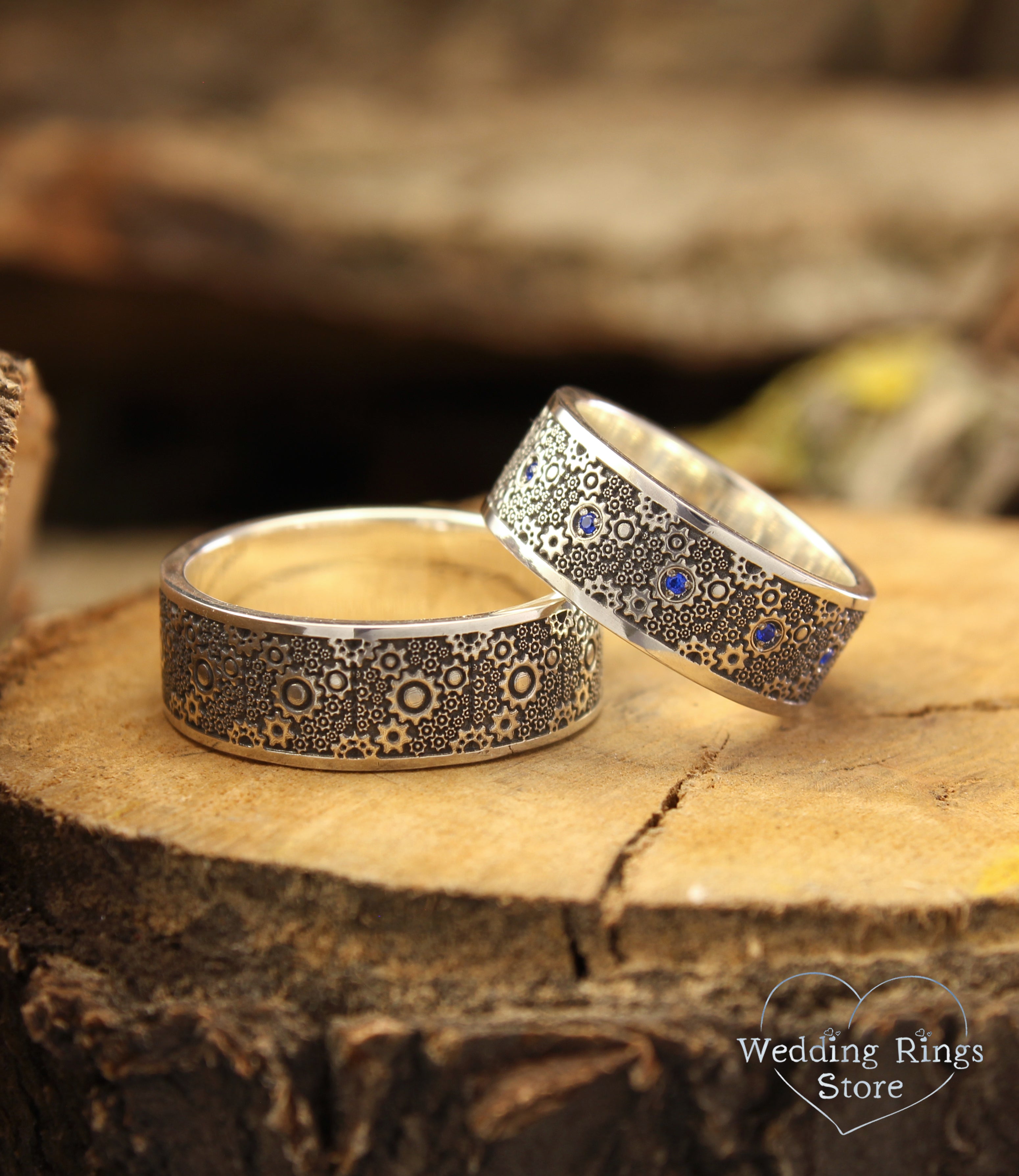 Wide & Unique Gears Matching Wedding Bands His and Hers