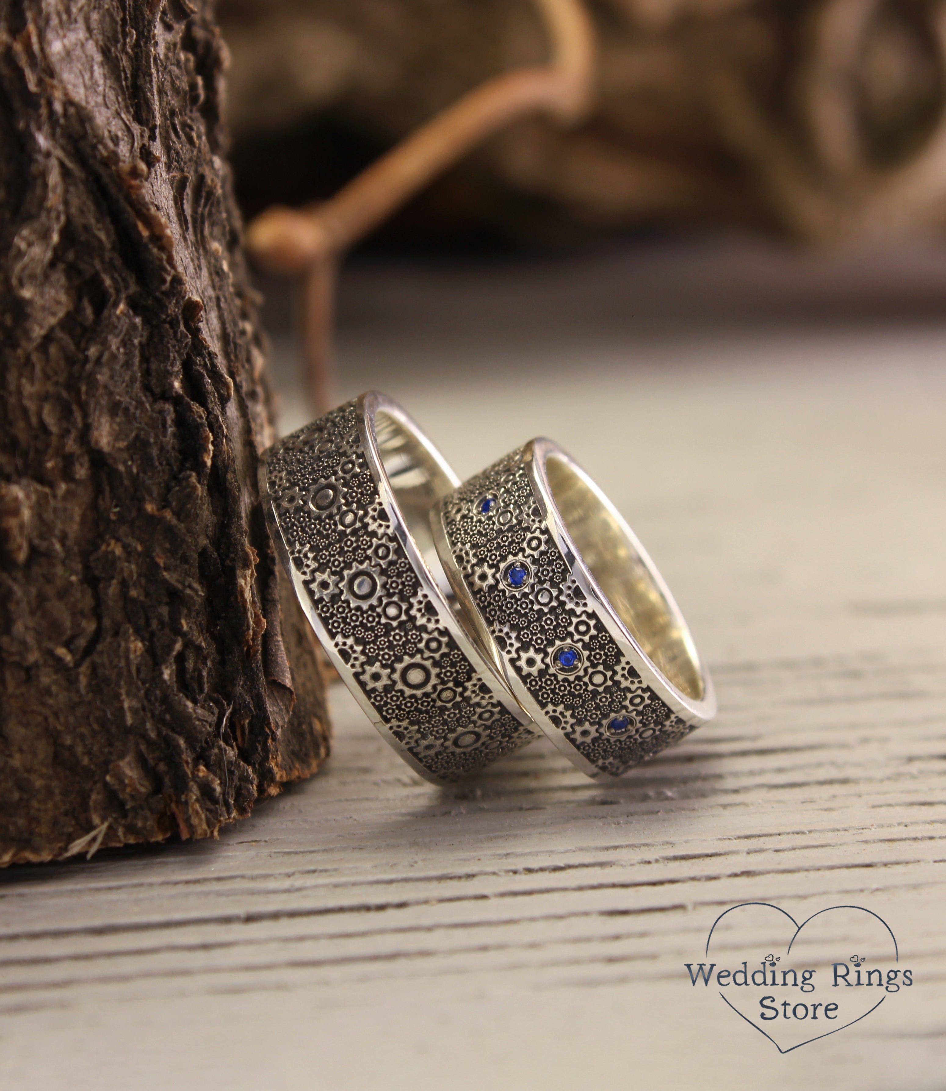 Wide & Unique Gears Matching Wedding Bands His and Hers