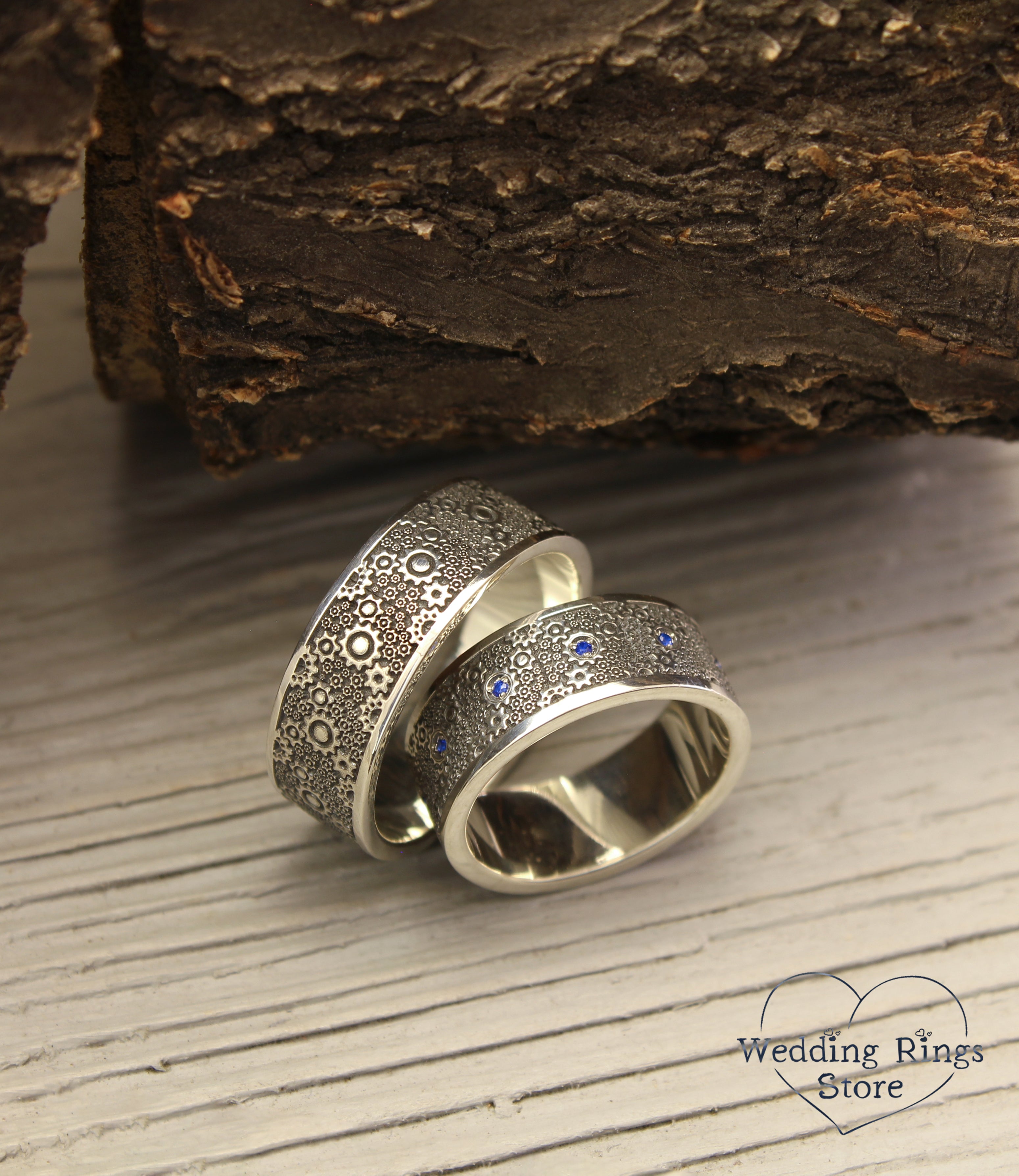 Wide & Unique Gears Matching Wedding Bands His and Hers