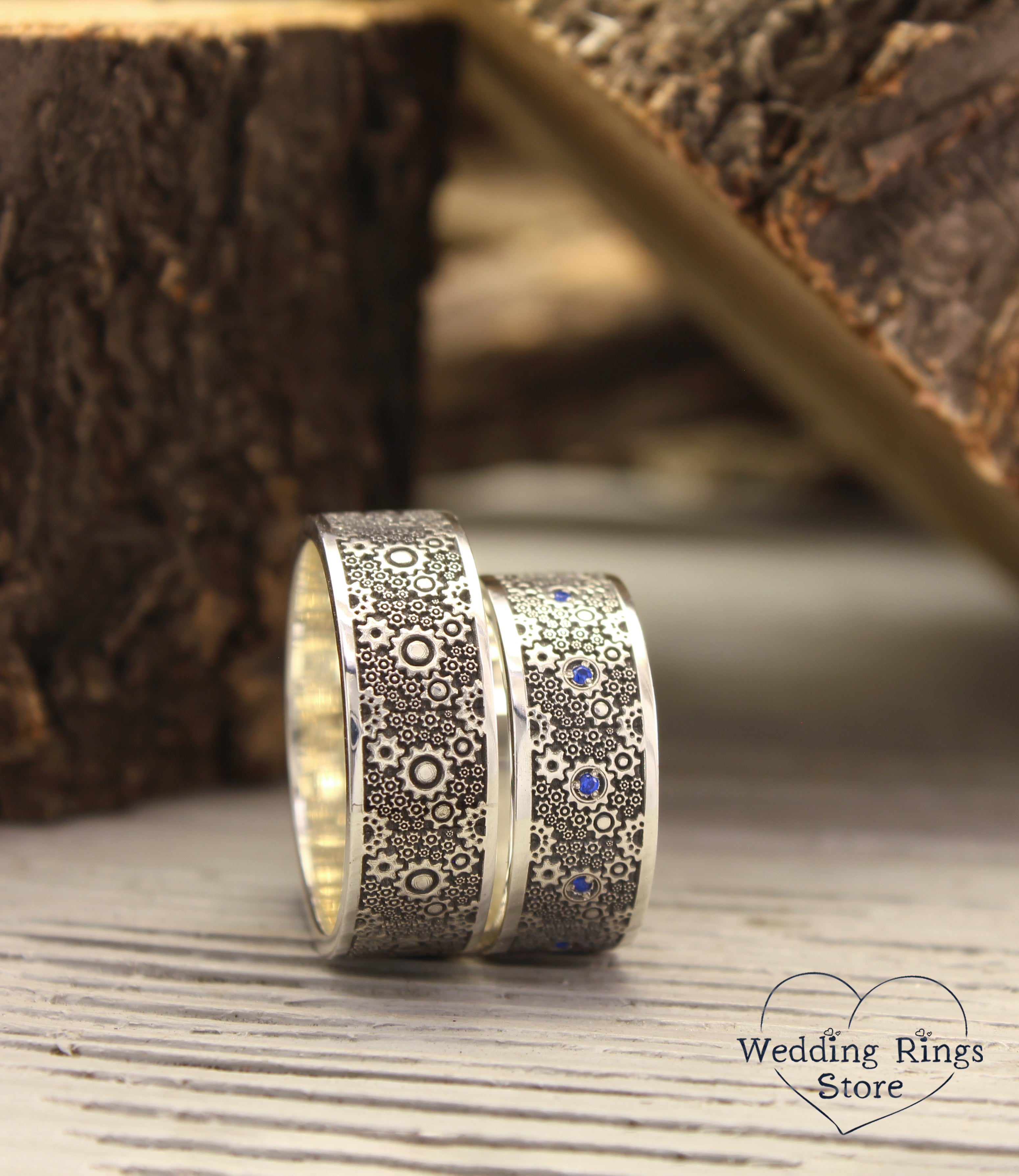 Wide & Unique Gears Matching Wedding Bands His and Hers