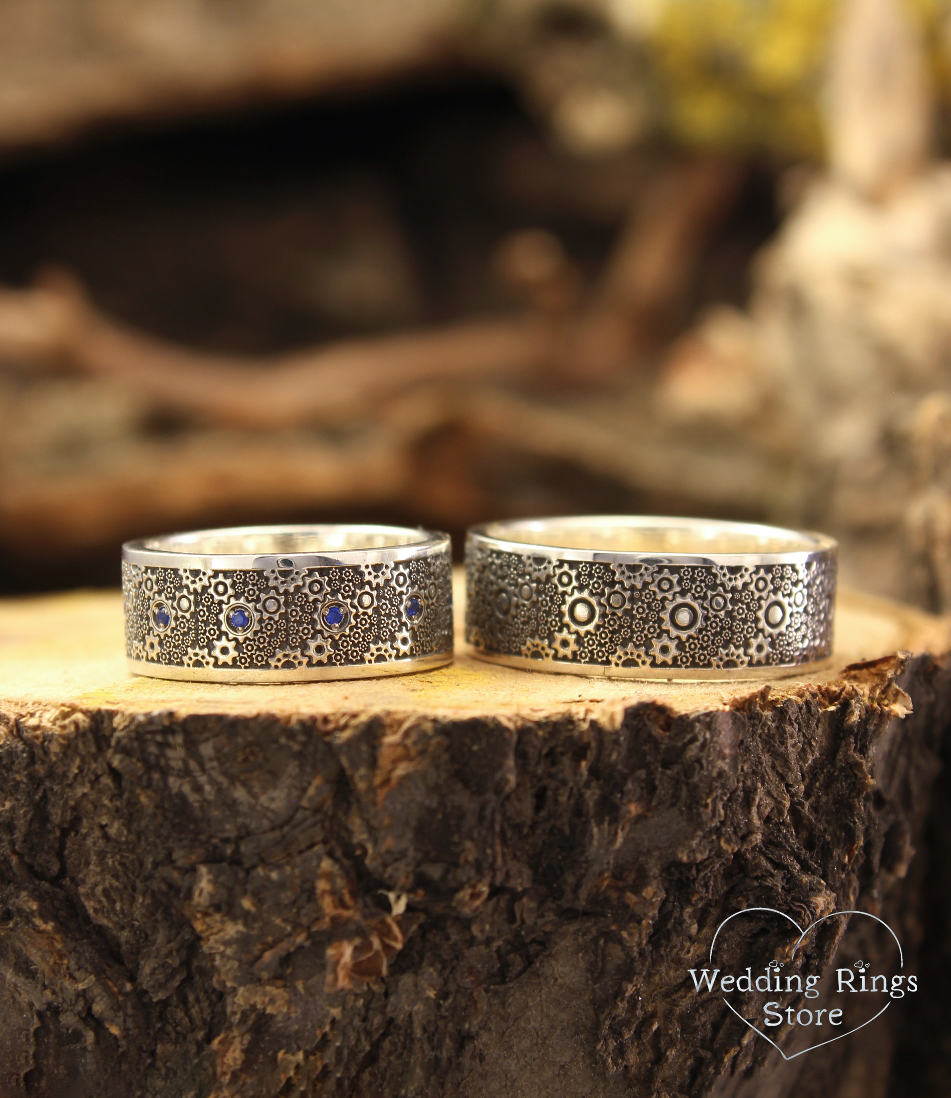 Wide & Unique Gears Matching Wedding Bands His and Hers