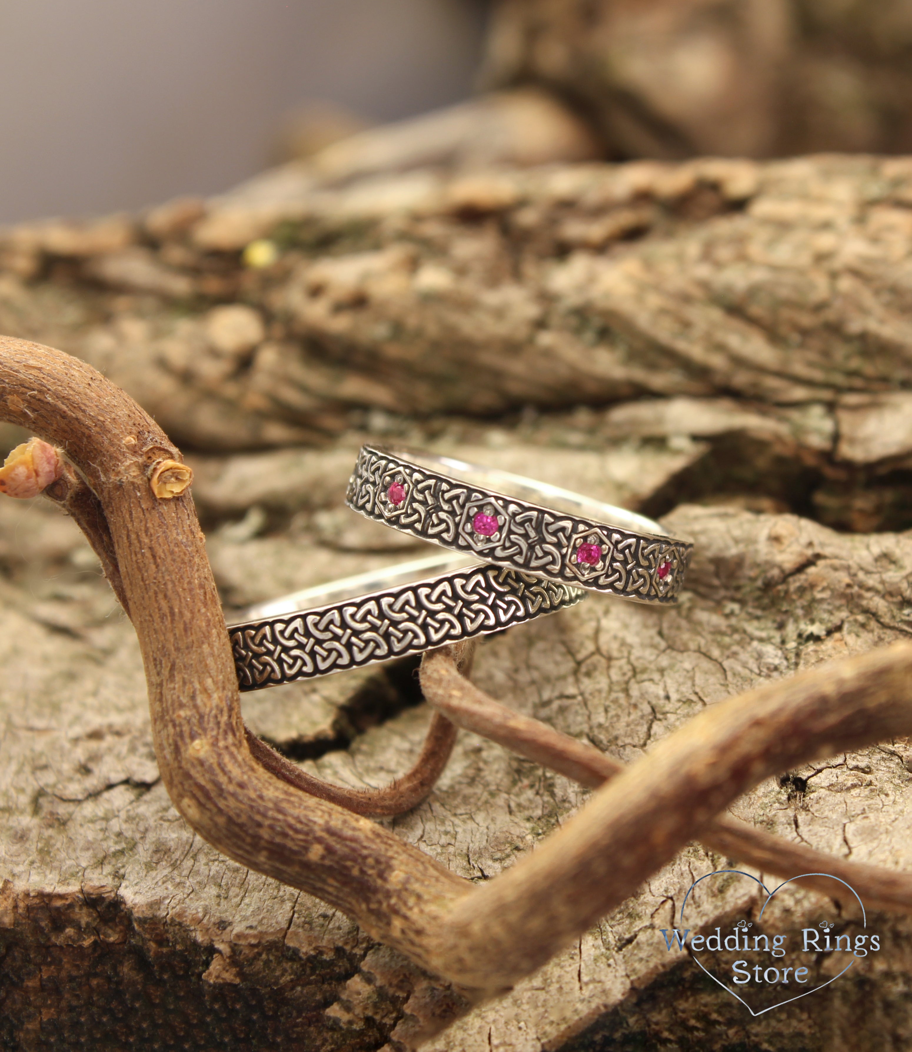 Delicate Silver Celtic Knot Matching Wedding Bands – Pink Gemstone